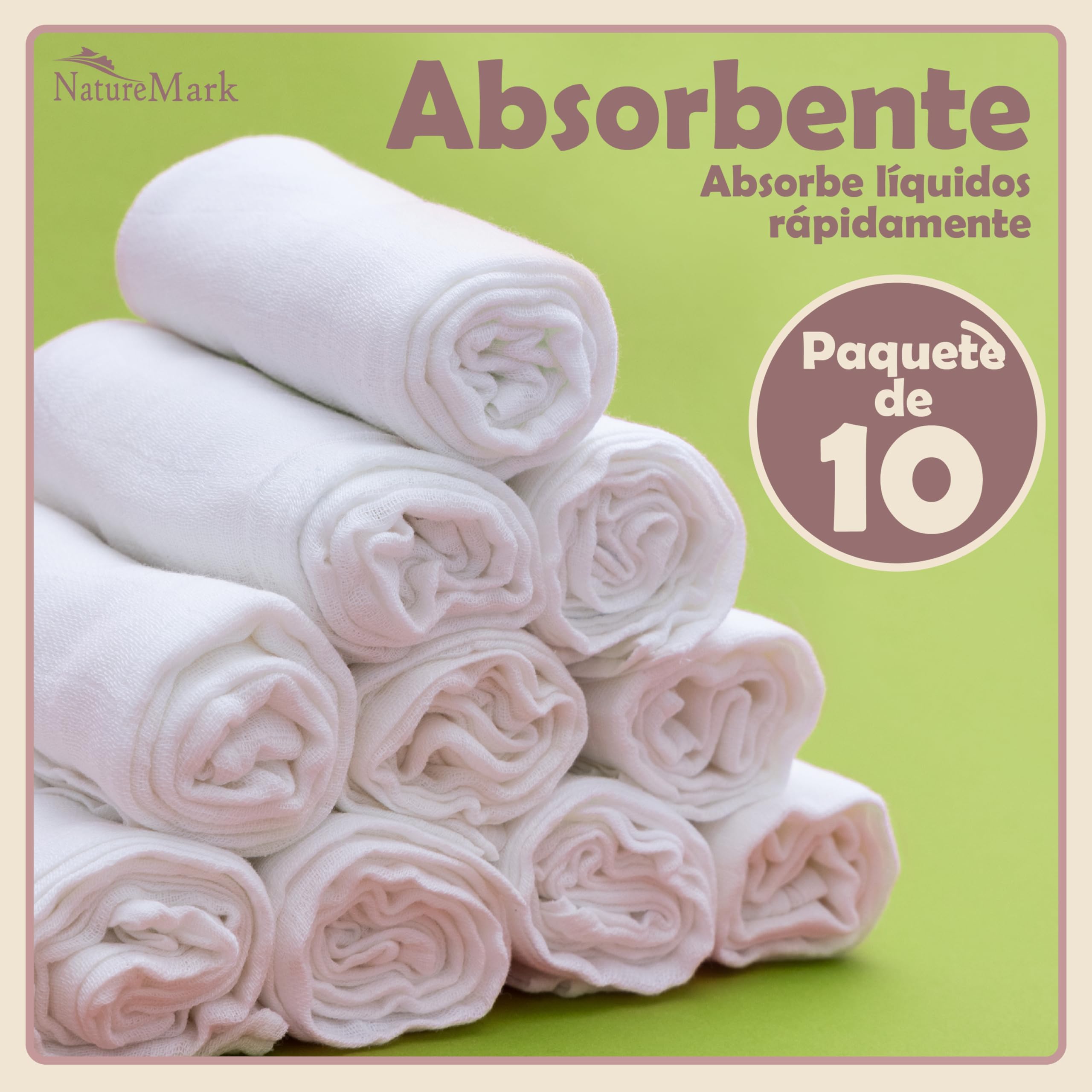 NatureMark Pack de 10 Paños de Muselina para Bebé – 100% Algodón – Suaves y Absorbentes para Lactancia & Cuidado del Bebé, Pañales, Arrullos & Paños de Lavado, 70x70 cm, Blanco