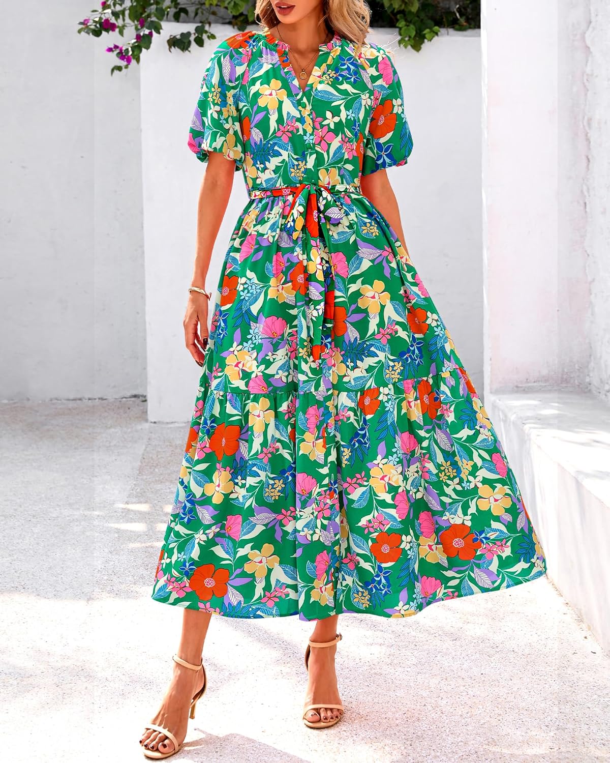 BTFBM Summer Dresses for Women 2026 Boho Short Sleeve V Neck Button Belt Flowy Spring Clothes Beach Vacation Maxi Dress - Image 5