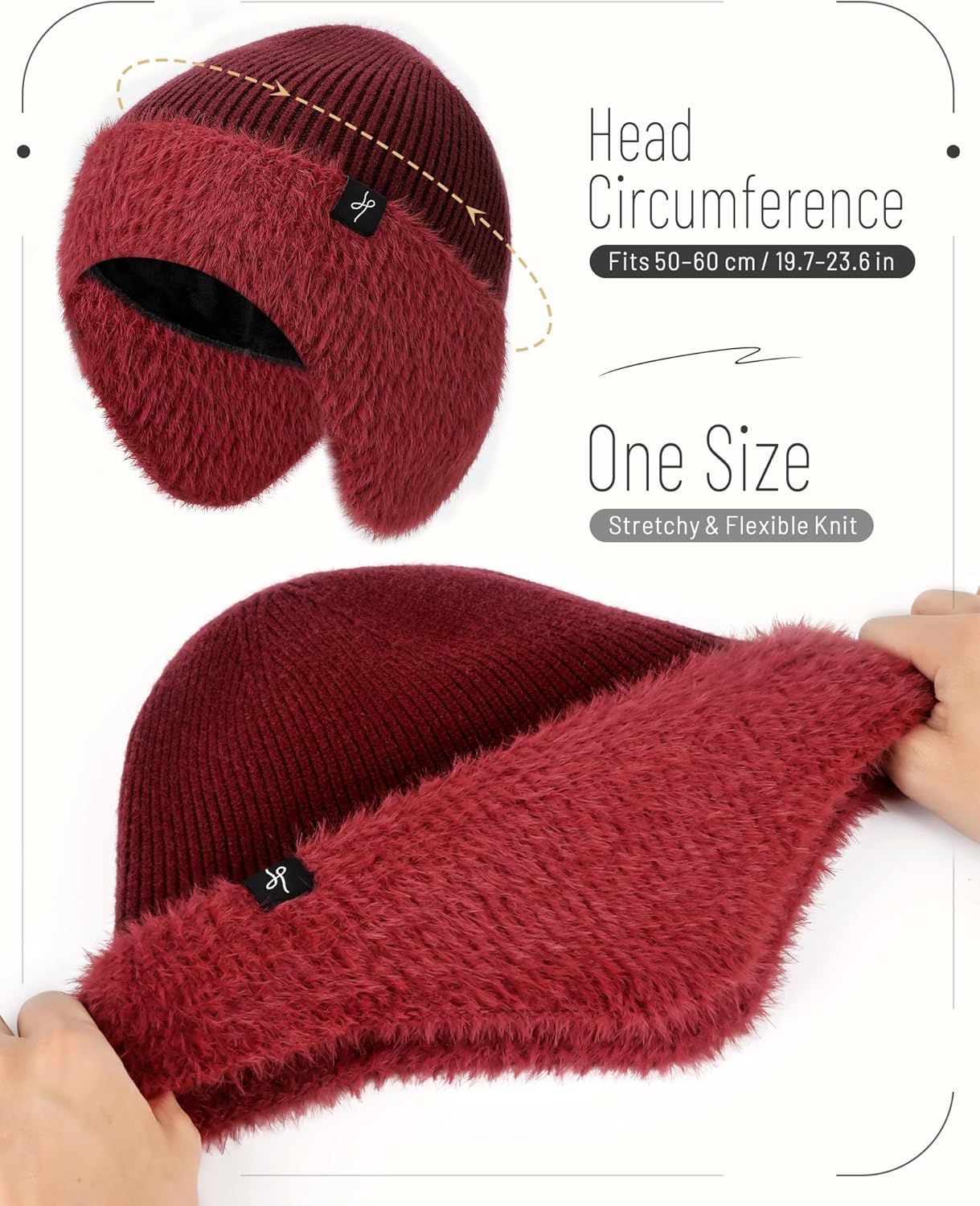 HAMUNI Winter Fleece-Lined Beanie with Earflaps, Warm Windproof Unisex Beanie Hat for Skiing, Hiking & Outdoor Winter Sports