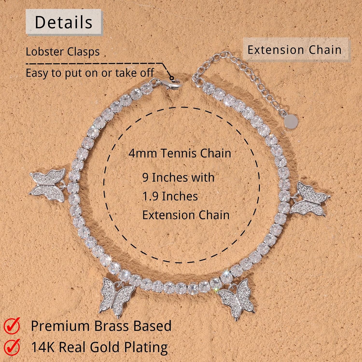 Lulu Mel Iced Out Gold Butterfly Heart Rectangular Anklet for Women, 14K Gold Plated Cubic Zirconia 9 Inches Adjustable 4mmTennis Chain Anklet, Layering Butterfly Bracelet Anklet