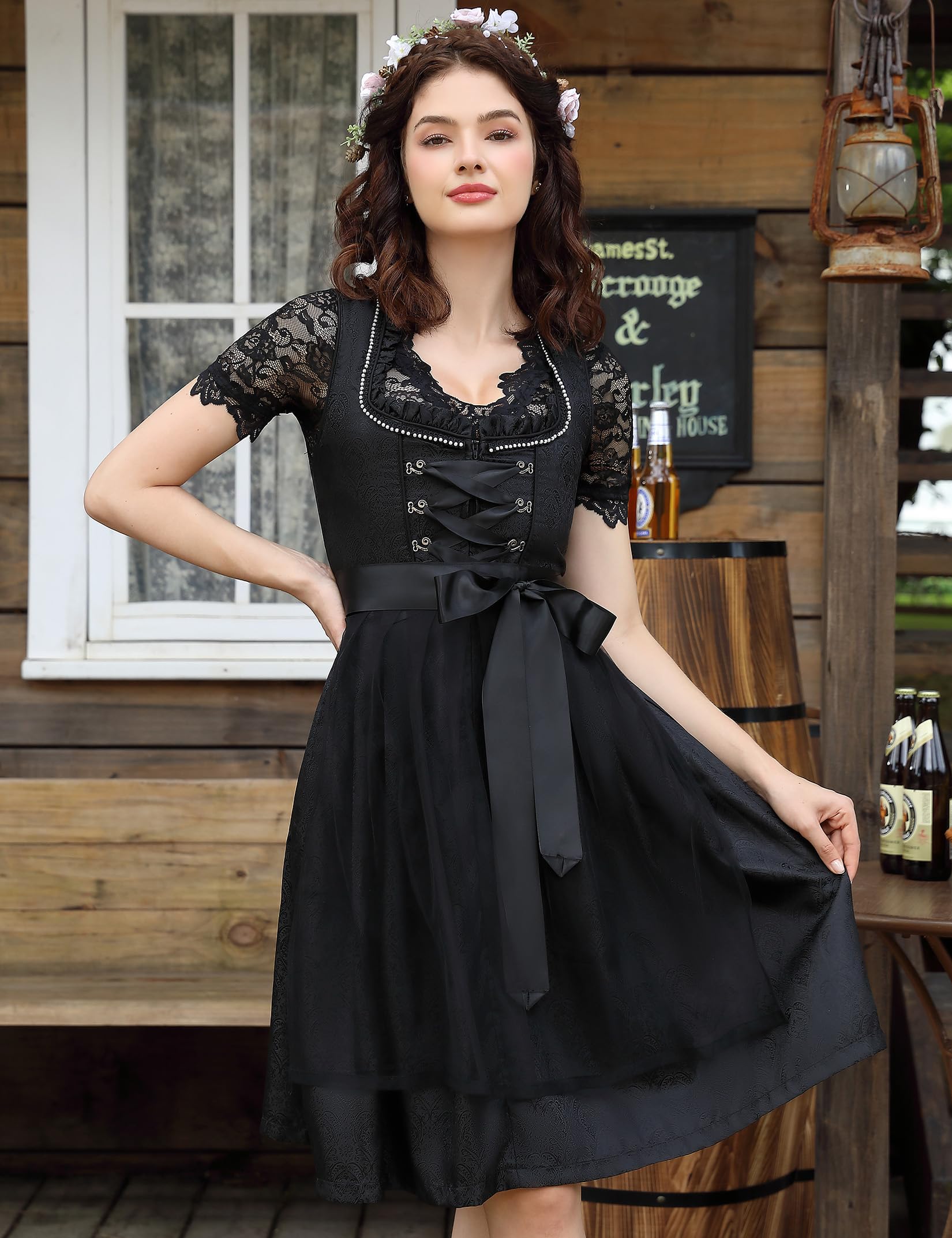 KOJOOIN Kurz Dirndl Damen 3Tlg. Trachtenkleid Midi für Oktoberfest mit Spitzenschürze