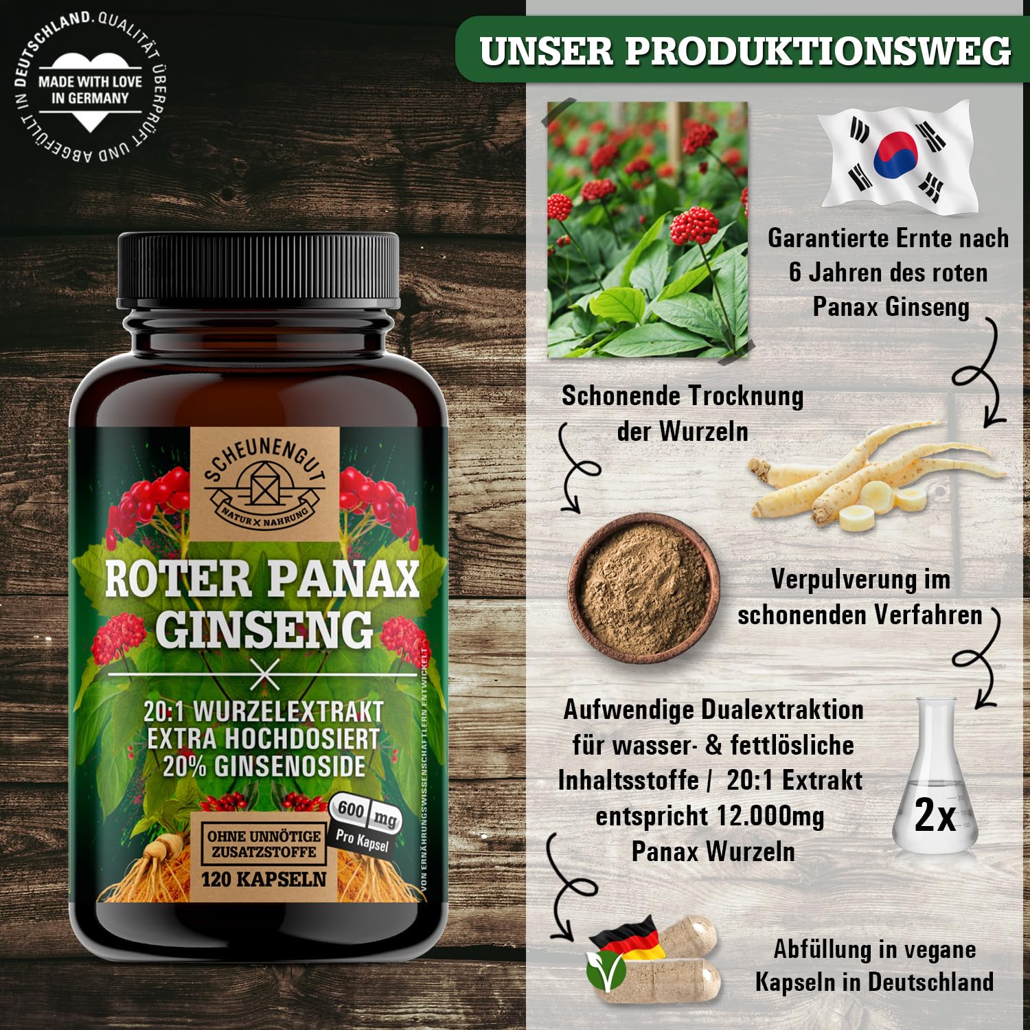 Roter Panax Ginseng Kapseln -Hochdosiert- 20% Ginsenoside DE SCHEUNENGUT® | WICHTIG: 20:1 Roter Panax Extrakt (=36000mg Ginsengwurzel je Tagesdosis) - Ginseng Kapseln Hochdosiert- Vegan