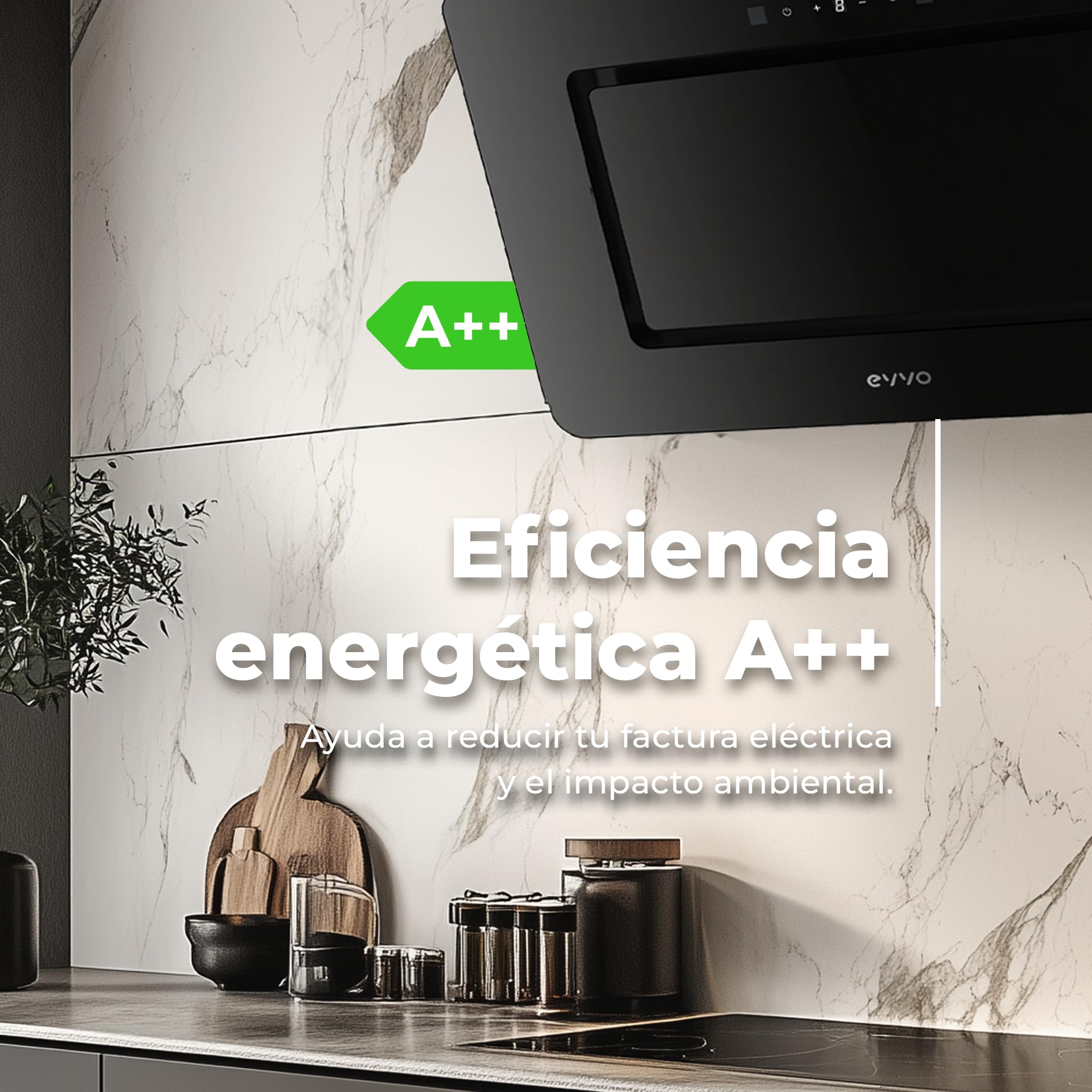 EVVO Campana Extractora 90 cm Ancho Decorativa, Potencia 800 m³/h, Filtro Aluminio y Carbón Activo, Control Táctil y Gestual, Acabado Negro Cristal, Eficiencia Energética A++ CE48 Cristal Black