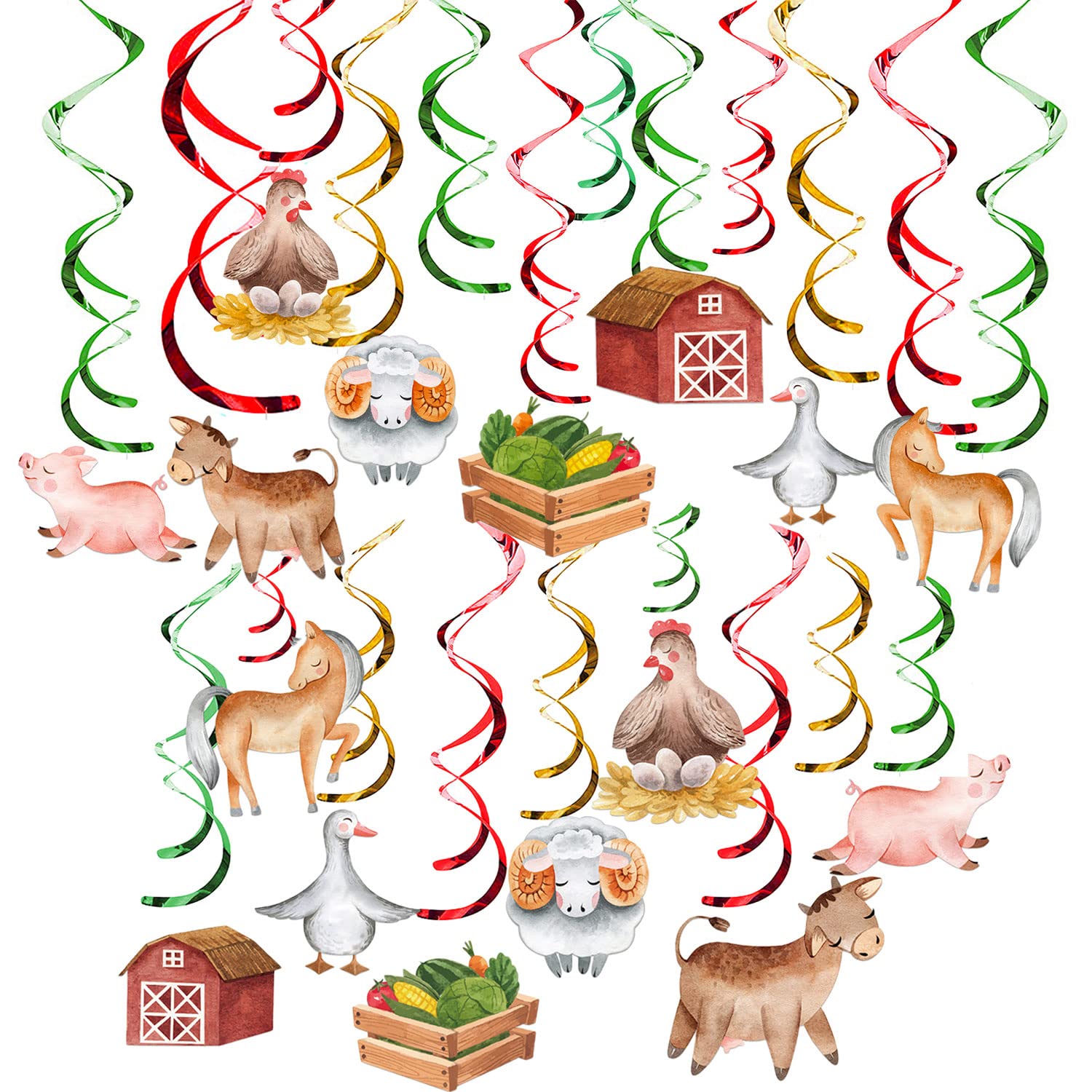Photo 1 of Farm Animals Theme Party Decorations, Farm Barn Animals Ceiling Hanging Swirls, Watercolorful Farm Birthday Event Party Supplies, Farm Animals Baby Shower Decorations Bedroom Hanging Décor(30 Pieces)