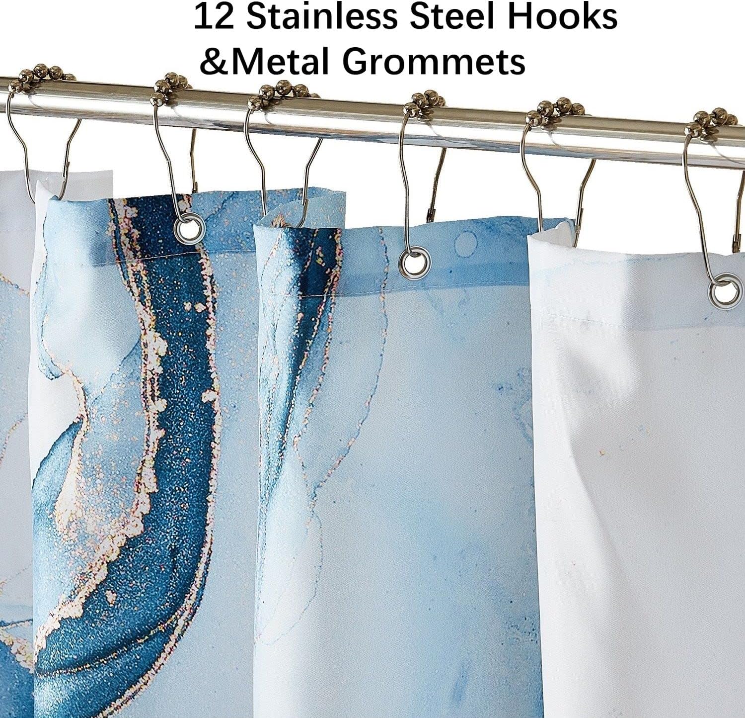 YOSTEV Blue Gold Marble Shower Curtain Set, Abstract Granite Pattern Shower Curtains for Bathroom Décor, Luxury Modern Waterproof Bath Accessories with 12 Metal Hooks, 72x72