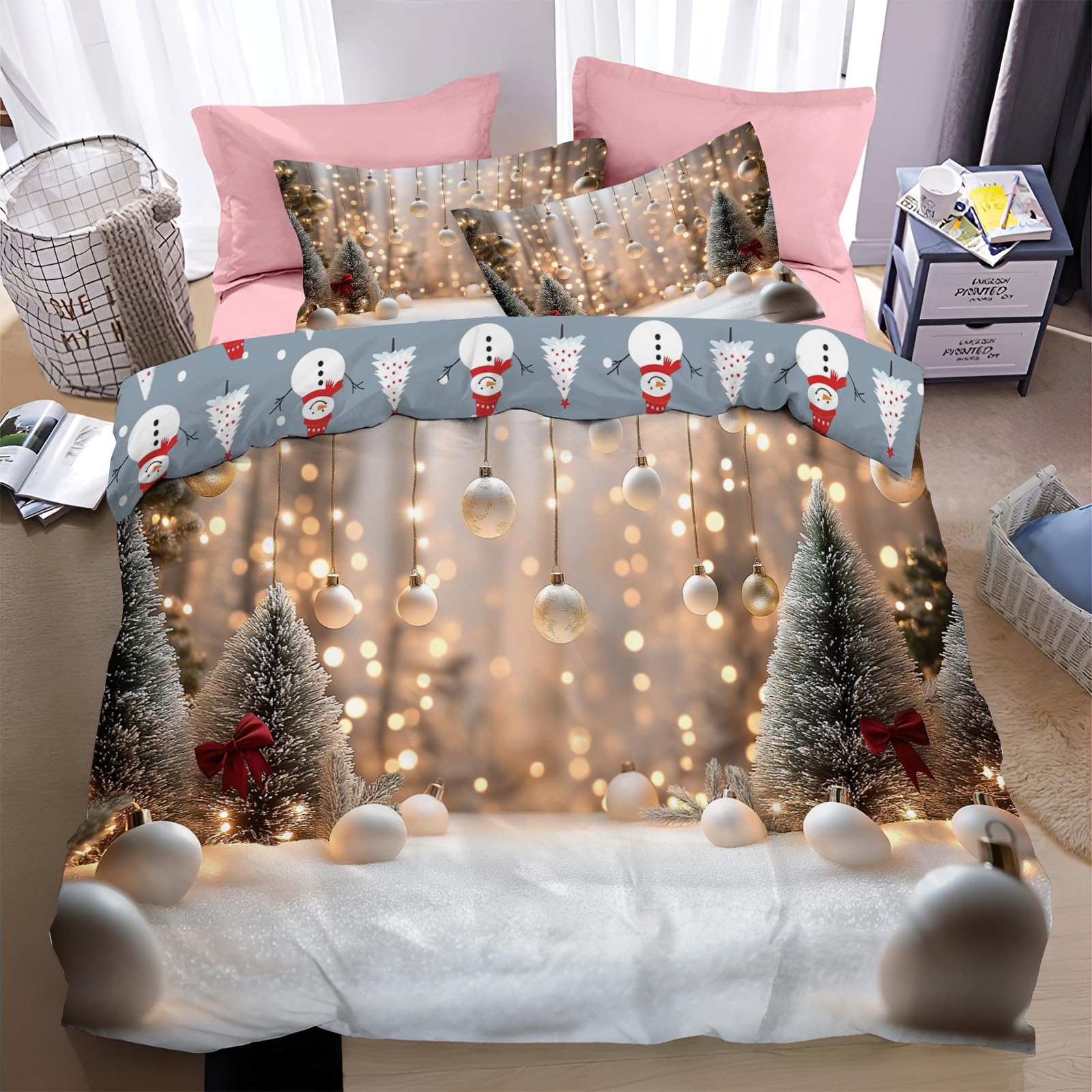 Housse de couette 200x200 Noël jaune parure de lit microfibre avec taies