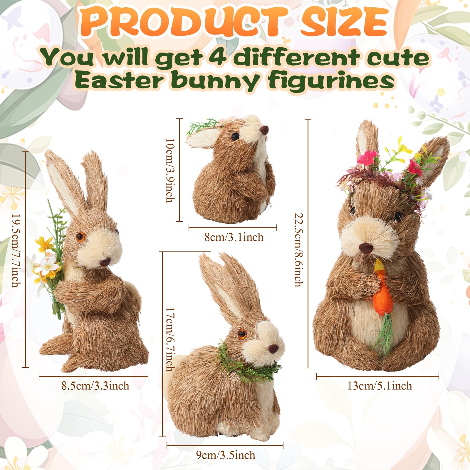 VioraWhite Juego de 4 decoraciones de conejo de Pascua, figuras de conejo de sisal, decoración de mesa, estatua de conejo de paja con flor de zanahoria para el hogar, mesa, oficina, cocina, granja,