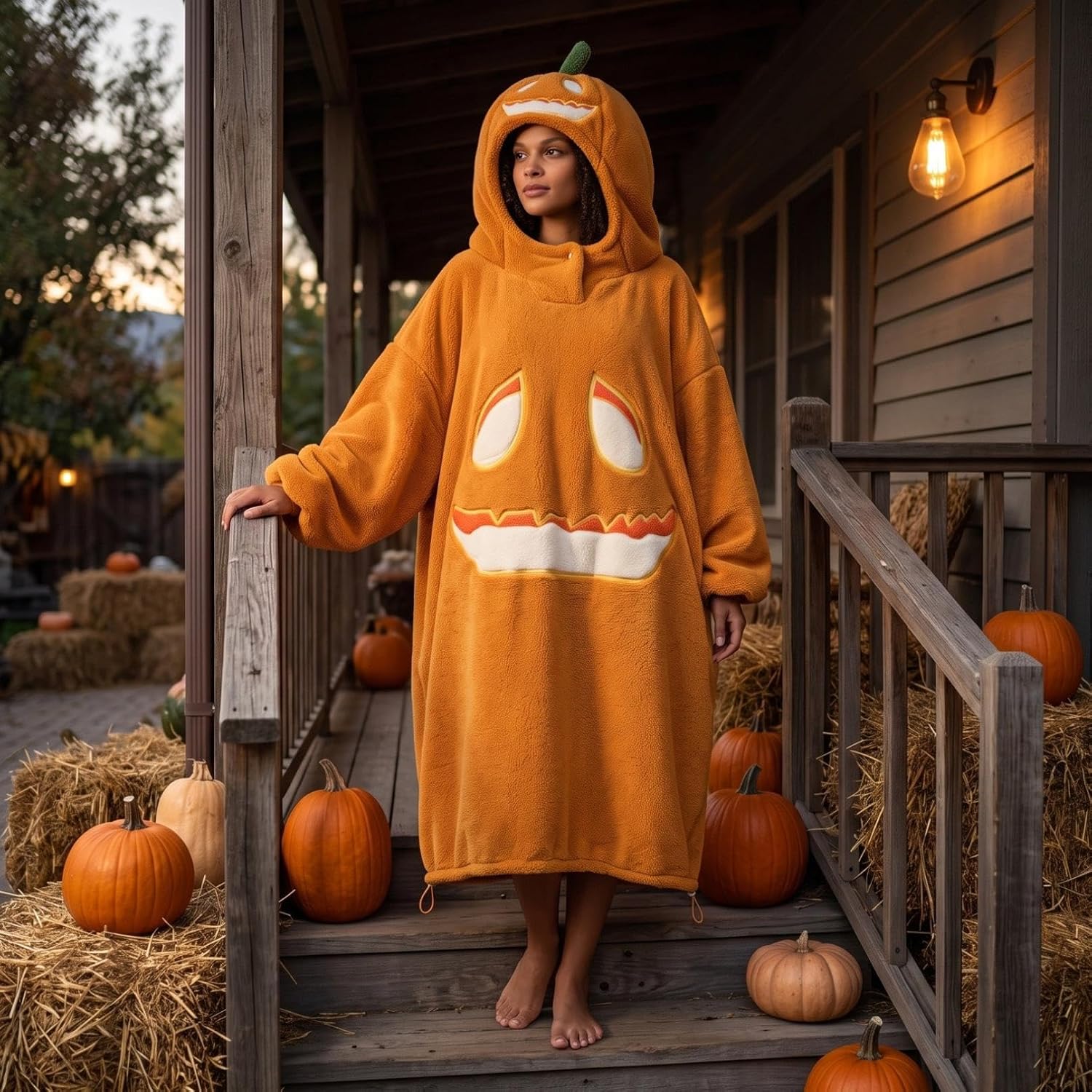 Oversized Jack O Lantern Wearable Blanket Hoodie for Women, Soft Fleece Robe with Pockets, Cozy Halloween Sleepwear for Party