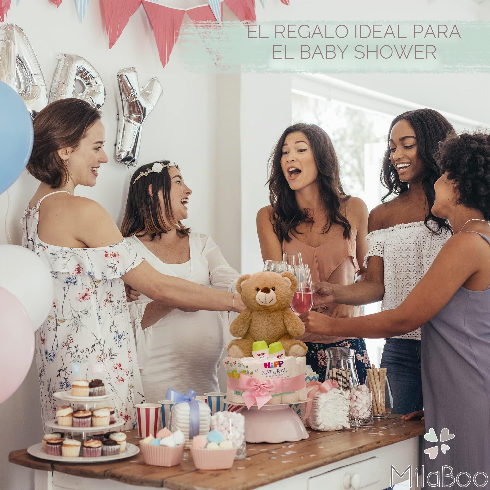 MilaBoo® Tarta de pañales beige con oso de peluche pequeño I regalo recién nacido de alta calidad con pañales y productos de Hipp (beige pequeño)