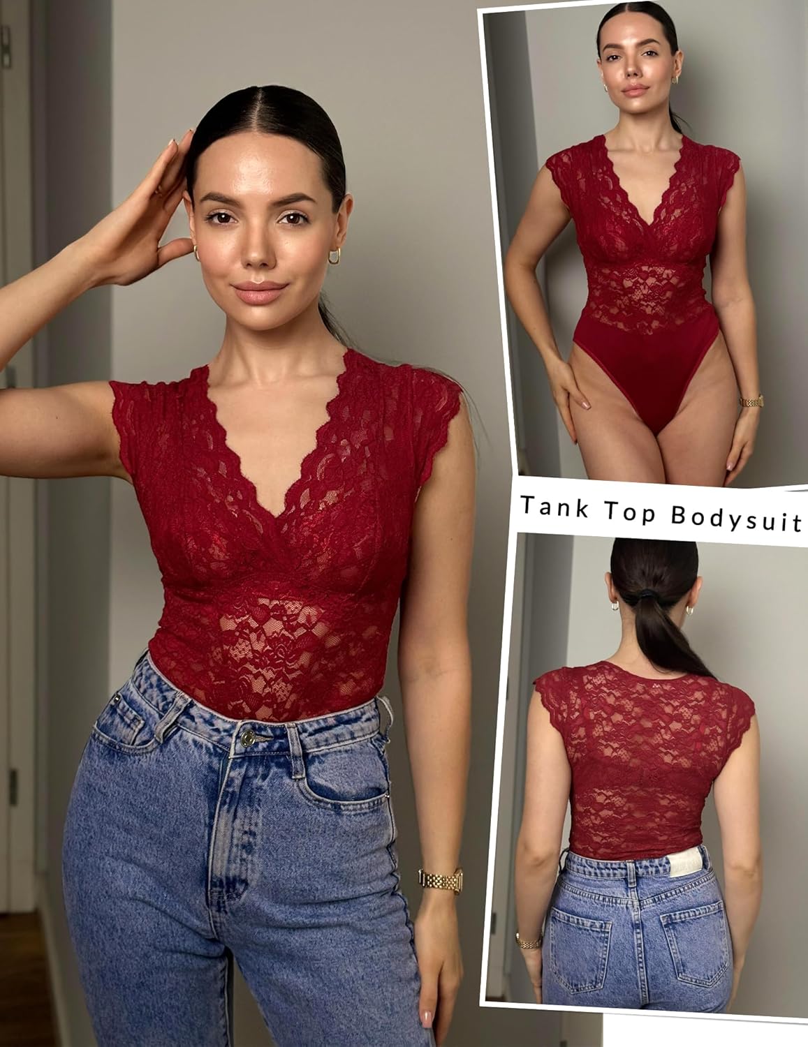 Avidlove Lace Bodysuits for Women Sexy V Neck Sheer Bodysuit Tops Snap Crotch One Piece Teddy - Image 4