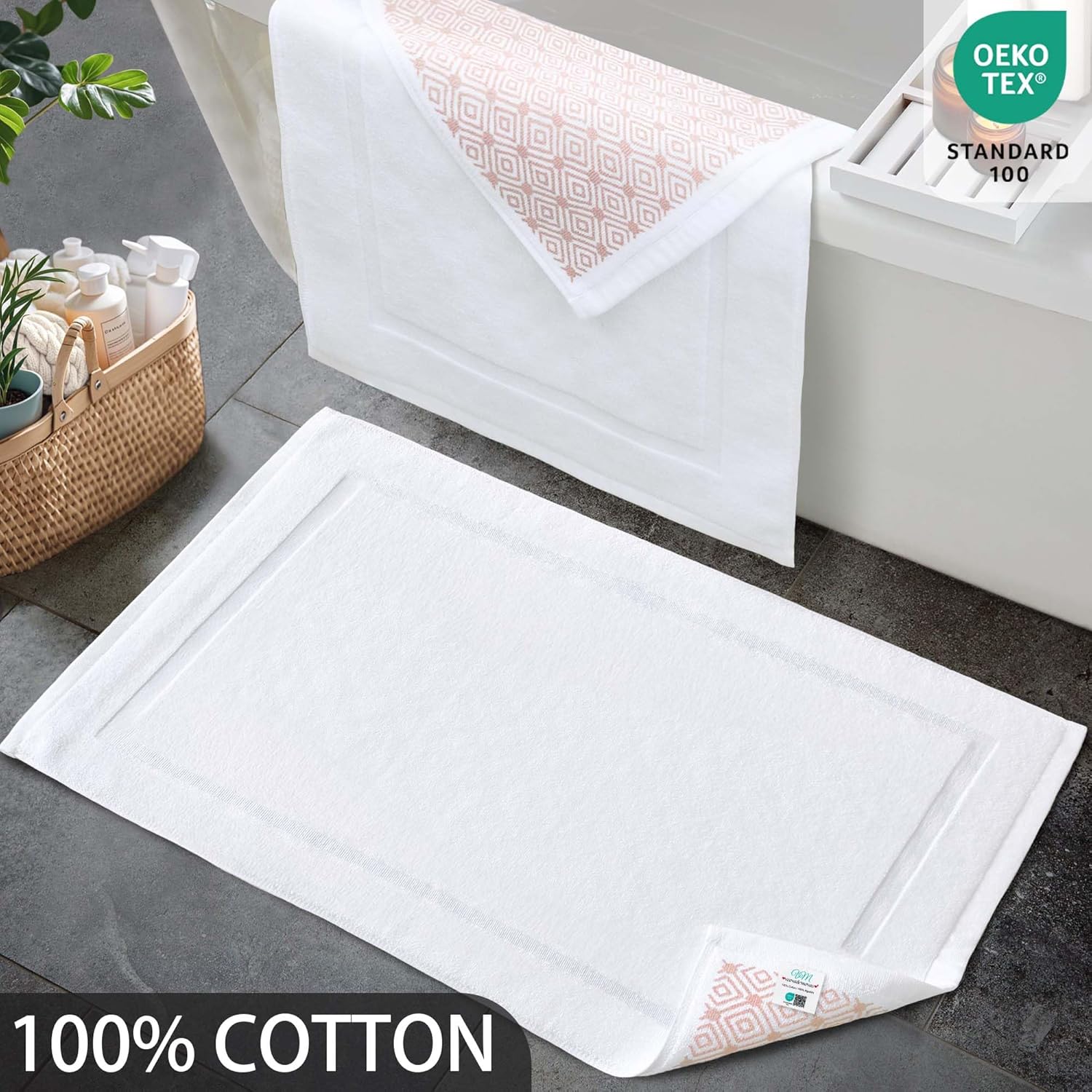 Non Slip White Bath Mats Set of 2 Bathroom Rugs - Cotton Material, Thick 1000gsm, Machine Washable, Hotel-Grade Quality, Large 18"x32", Fade-Resistant Colors, Absorbent ，Soft Touch Texture