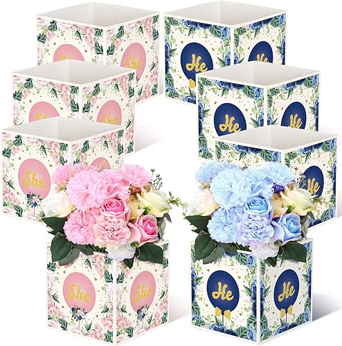 8 piezas de decoración de revelación de género, caja de flores para centro de mesa, caja de bebé azul marino y rubor con letras para él o ella