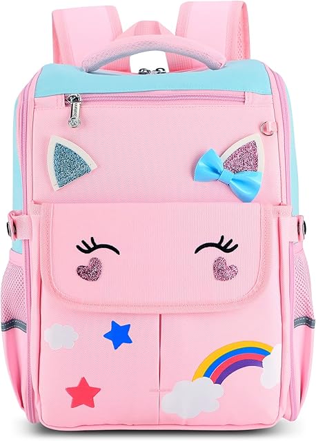 Achort School Bag for Girls Cute Kids Pink Backpack Children's Light Weight Book Bag with One Bottom Zipper and Reflective Stripes Large Nylon Backpack Toddlers Gift for Primary School Travel