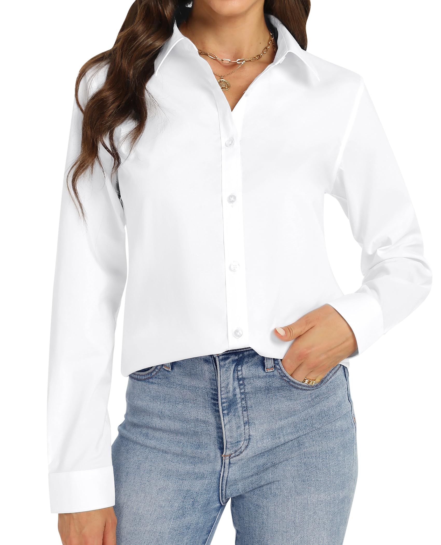 Button Down Shirts for Women Stretch Collared Cotton Long Sleeve Dress Shirt Business Casual Blouse for Work