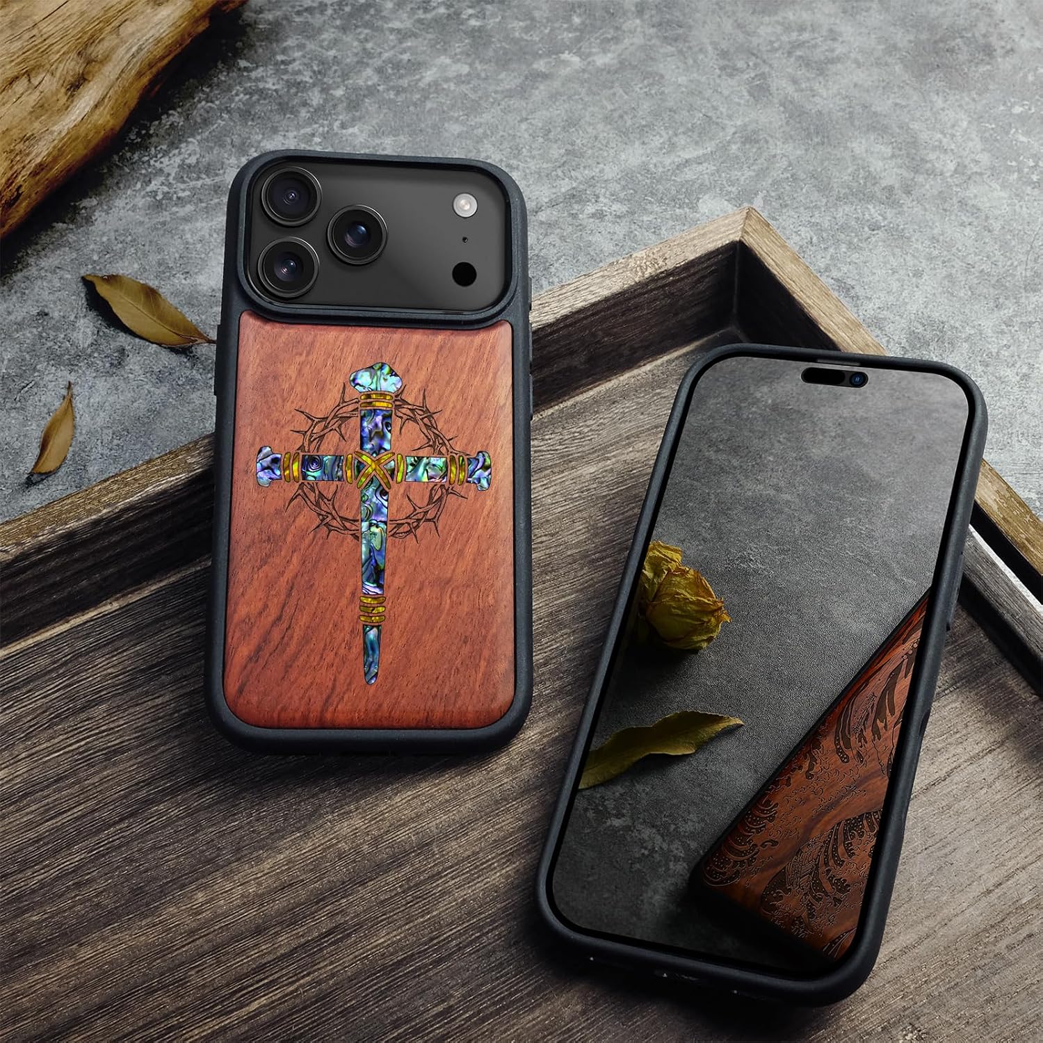 Carveit Magnetic Case for iPhone 17 Pro Max Case, Wood Artisan Engraved & Handmade Shell Inlaid, TPU Shockproof Cover, Compatible with MagSafe Wireless Chargers (Crucifix Nails-Rosy)