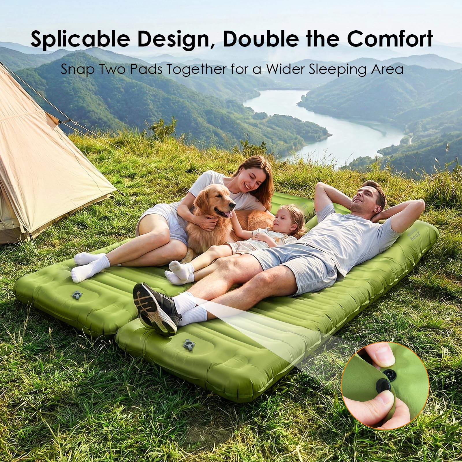 Minthouz Matelas de camping en mousse à mémoire de forme ultra épais avec oreiller, gonflage rapide en 20 secondes, matelas de camping isolé 4 saisons pour camp/voyage/voiture/tente