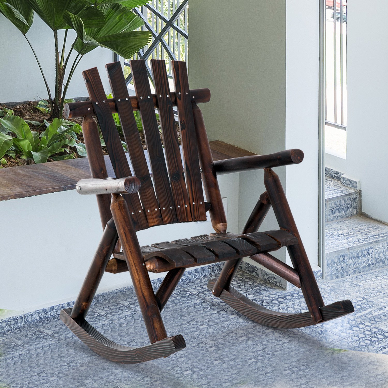 Outsunny schommelstoel, rustieke relaxstoel, tuinstoel met wieldesign