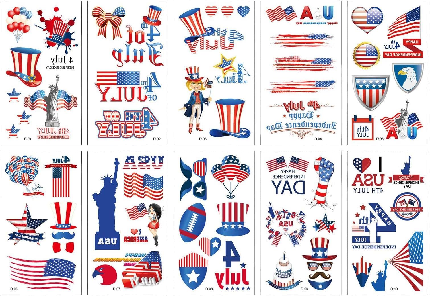 PIGMANA 10 Sheets 4th Of July Temporary Stickers | Glow in The Dark Patriotic Stickers - Red White and Blue American Flag 4th of July Stickers Decor Party Supplies