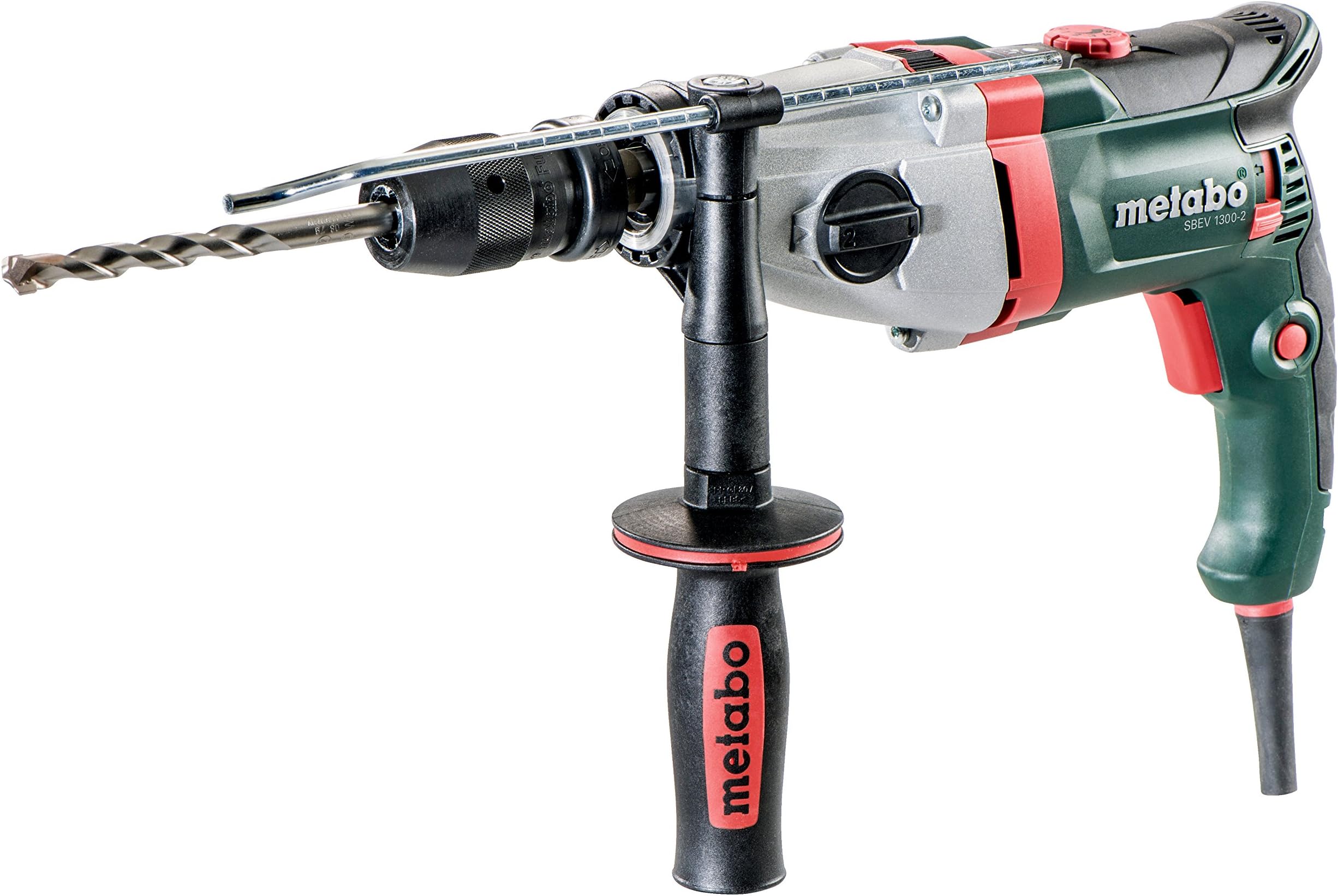 Metabo Hammer Drill, SBEV 1300-2, Futuro Plus Quick Chuck, Handle, Limit Stop, Case, VTC Full Wave Electronics, Right-Hand and Left-Hand Rotation (1300 W / 44 Nm/Speed 0-3100 /min), 600785500