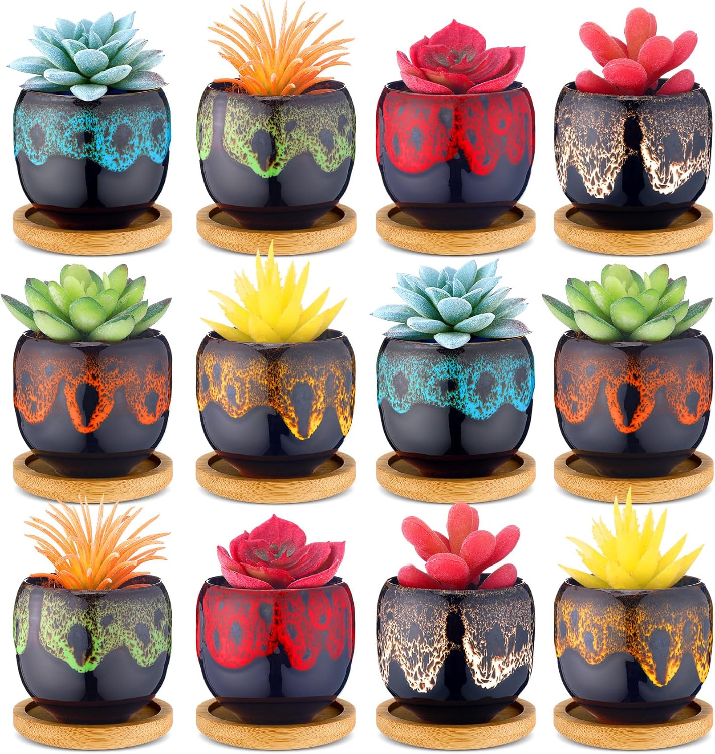 12 Pcs Succulent Pots 2.5 Inch Mini Ceramic Succulent Garden Flower Pots Planters with Drainage and Bamboo Tray for Indoor Garden Plants Planters Colorful Flower Pot (Oval,2.24 Inch H) 2.24 Inch H Oval