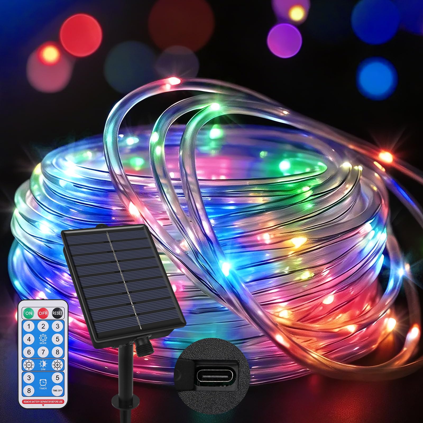 Joollurm Outdoor Rope Lights 65.6ft/20m 200 LEDs, Dual Solar & Type-C Charging, 8 Lighting Modes with Remote Timer, Waterproof String Lights for Garden Yard Party Christmas Decoration-Multicolor