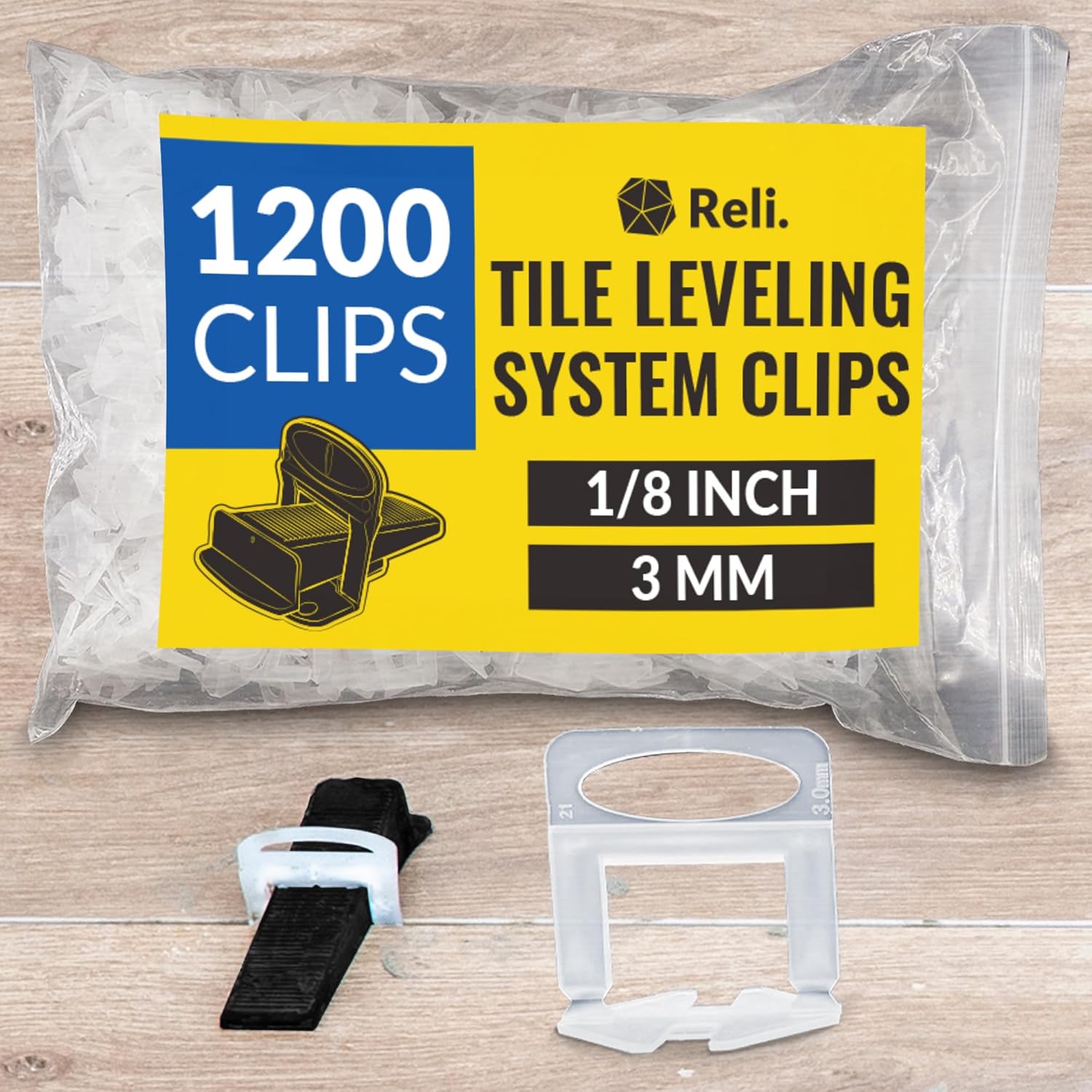 Reli. Tile Leveling System 1/8 Inch (1200 Pcs) Tile Spacers Clips for Professional Ceramic Stone Wall Floor Installation, DIY | Lippage Free, Wedge Compatible Leveling System Clips | 1/8", 3mm Spacers