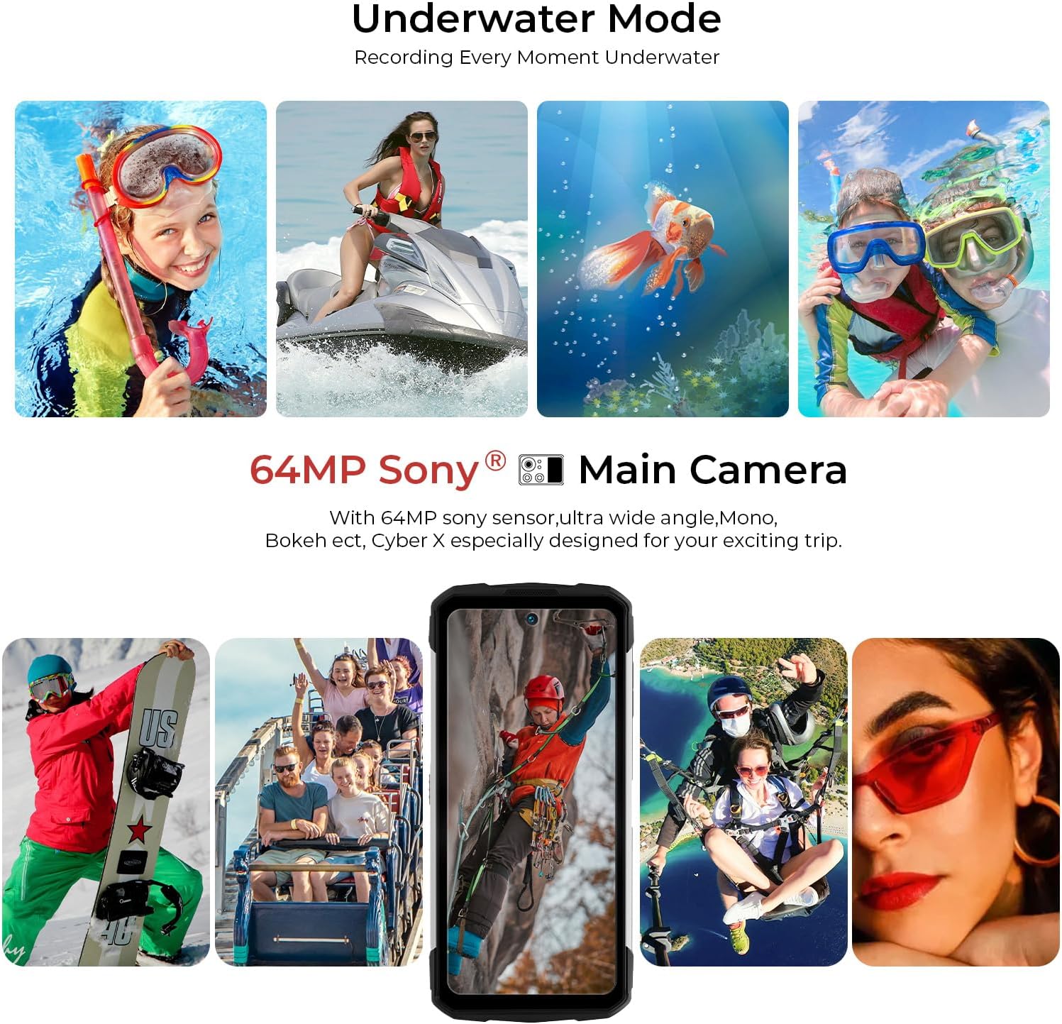 HOTWAV Cyber X camera features including Underwater Mode with various water activities, and 64MP main camera with examples of outdoor photography.