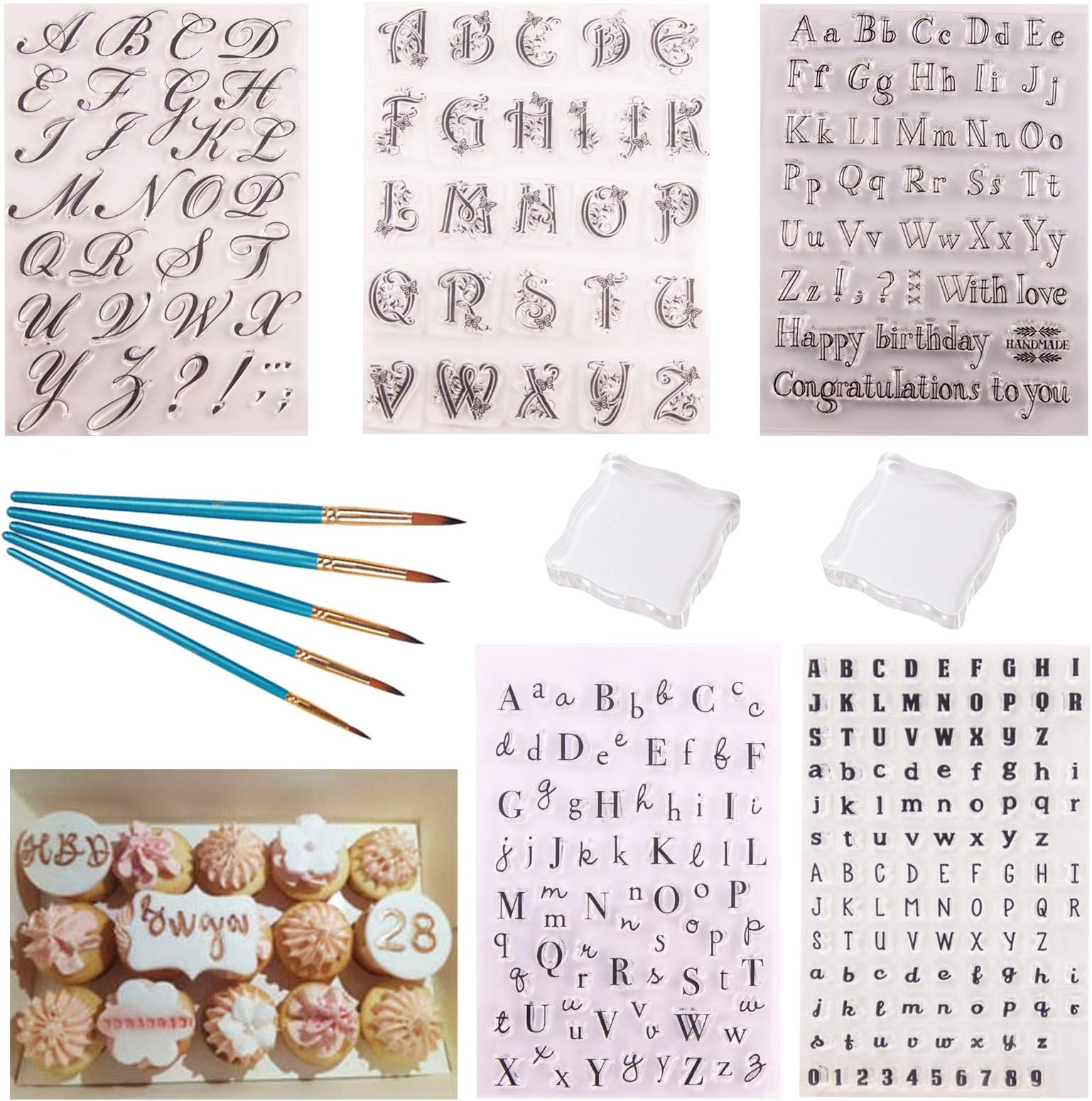 5 Pcs Alphabet Cake Stamp Tool, Alphabet Numbers Fondant Cake Stamp, Reusable Handwriting Embossed Alphabet Stamp for Fondant Biscuit Cake Cookie Stamp Baking