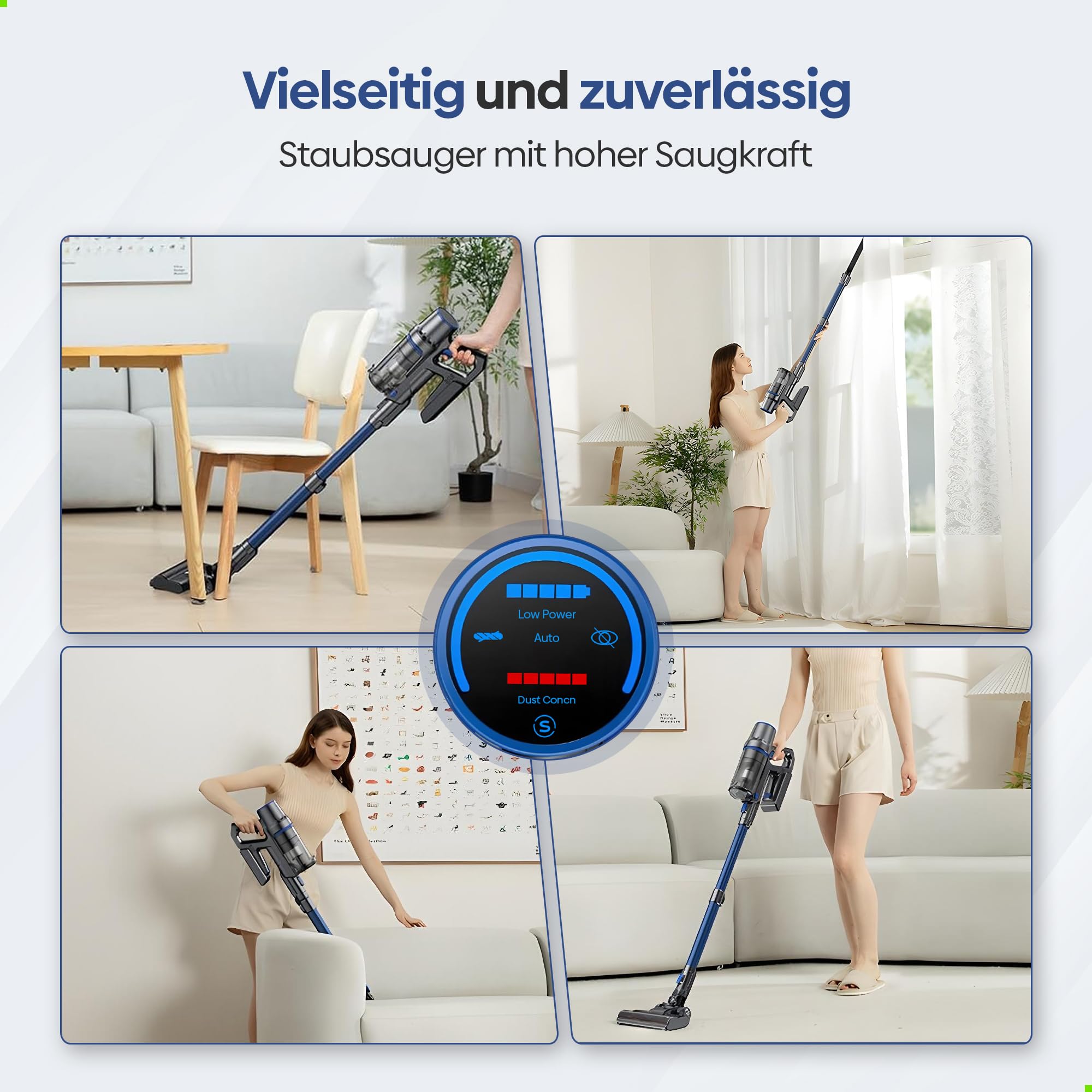Olvy Akku-Staubsauger mit Wischfunktion, Tierhaare/Teppiche/Hartböden, Kabelloser 2-in-1, ohne Beutel, 35KPA Saugleistung, 5 Stufen, LED-Display, Leichter Staubsauger mit HEPA-Filter & Zubehör