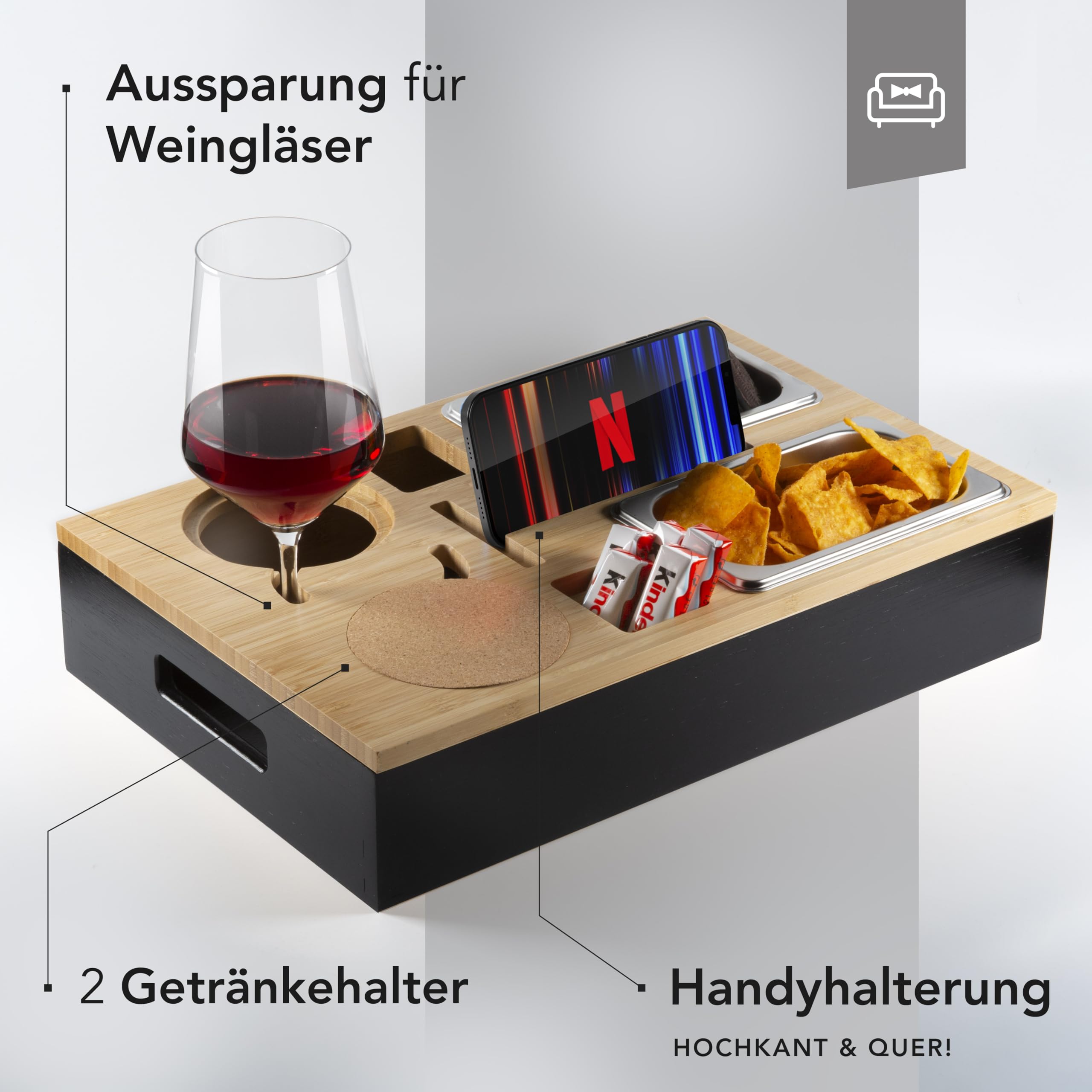 Couchbar Snackbox Personalisierbar aus Bambus inkl. Geschenkbox | Sofa Tablett mit 2 Snackschalen, 2 Getränkehalter mit Untersetzer, magnetischer Deckel, Handyhalterung (Schwarz, Ohne Gravur)
