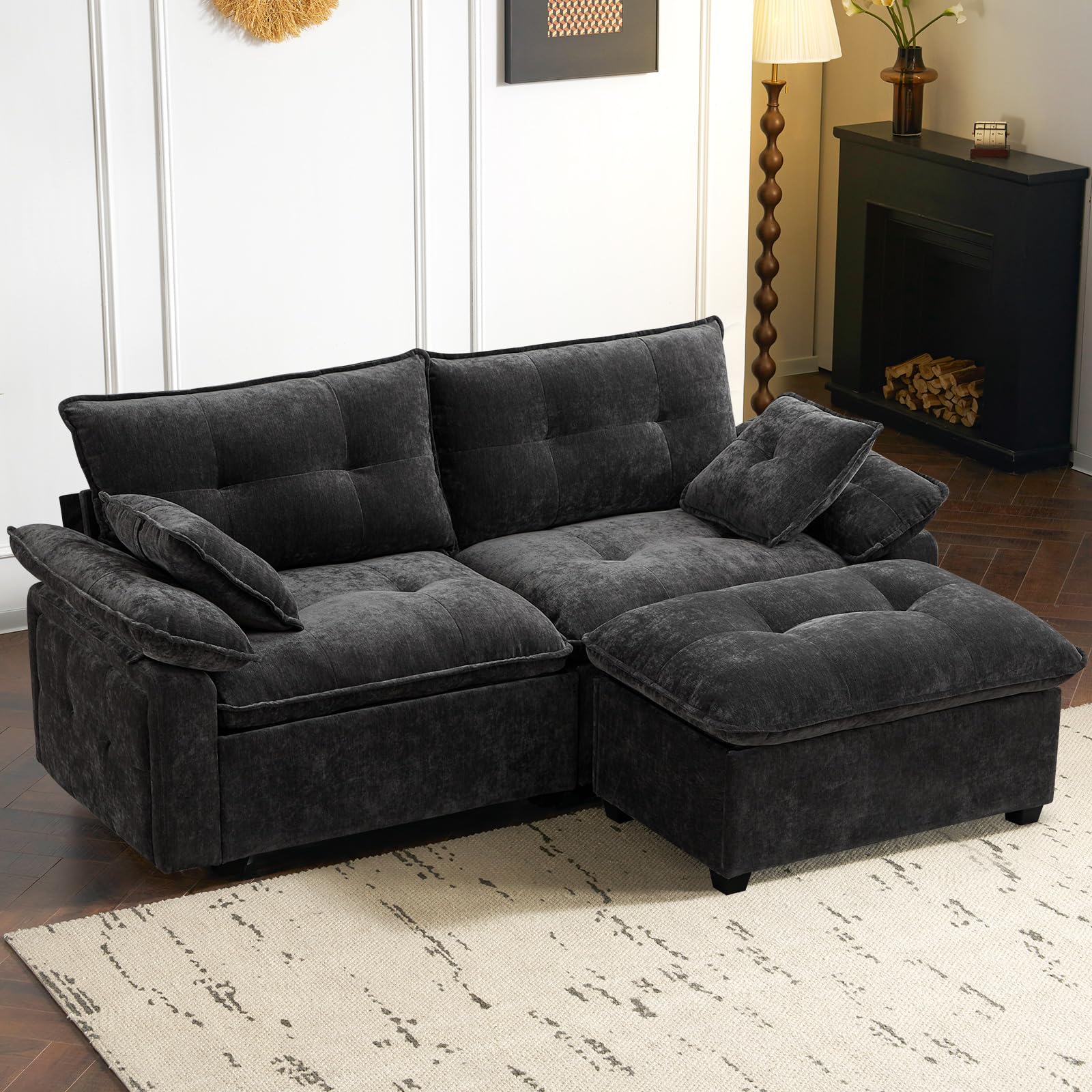 PALLOME 82" Deep Seat Comfy Cloud Couch, Modular Sectional Sofa with Movable Ottoman, L Shaped Chenille Sofa for Small Space, Modern Apartment Living