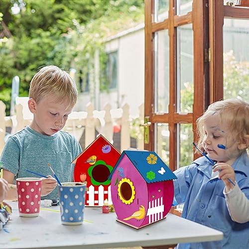 Miniatura 7 de Glintoper Juguetes de madera para niños, paquete de 4 unidades de bricolaje para casa de pájaros, rompecabezas de pintura, montaje de madera,