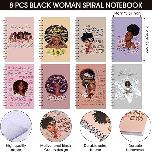 Miniatura 2 de 8 cuadernos negros para mujeres, afroamericanos, espirales, motivacionales, para niñas negras, cuaderno de tapa dura inspirador con 8 bolígrafos de