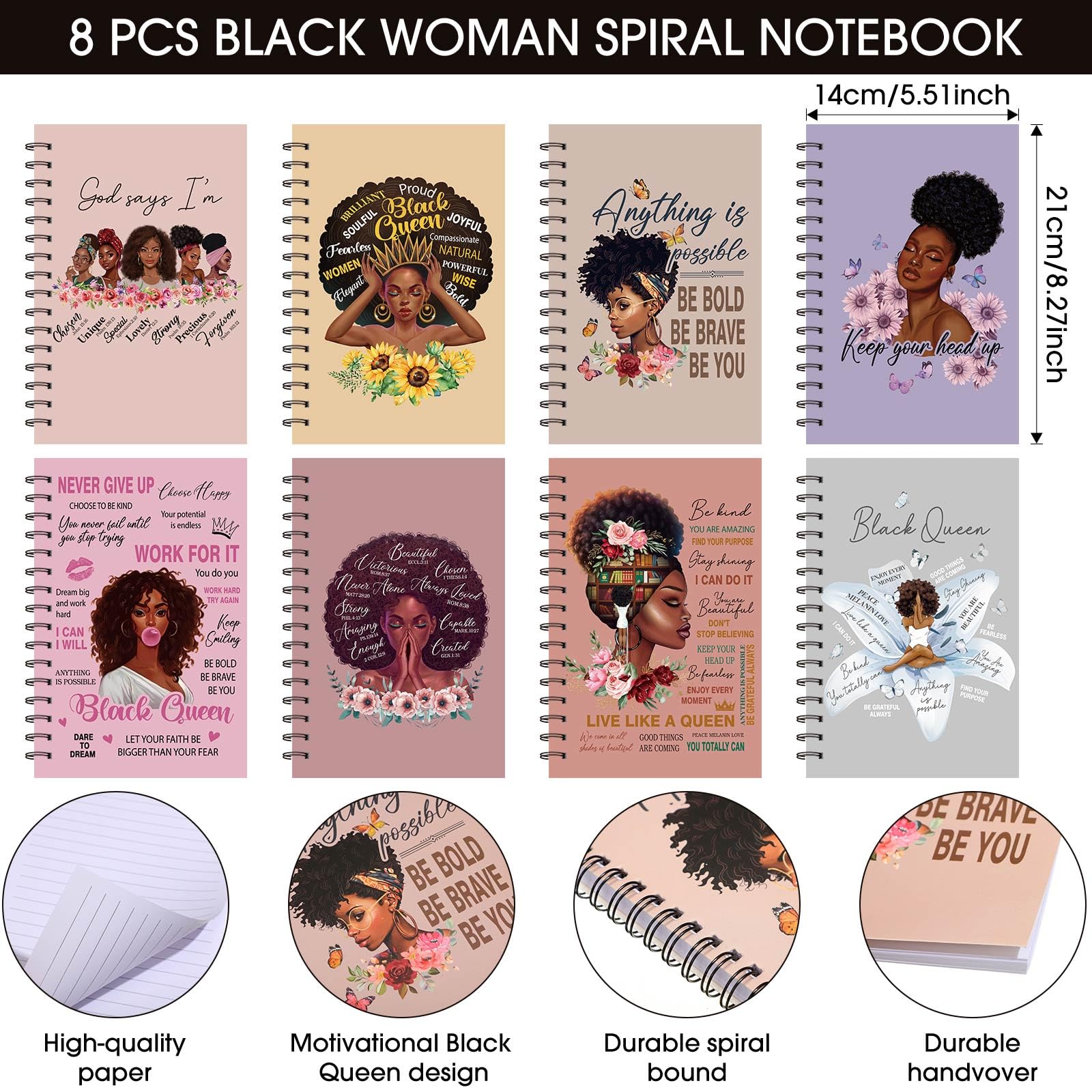 Pasimy 8 Stück schwarze Damen-Notizbücher, afrikanische amerikanische Spiral-Tagebuch, motivierender Notizblock für schwarzes Mädchen, inspirierendes Hardcover-Notizbuch mit 8 Stück