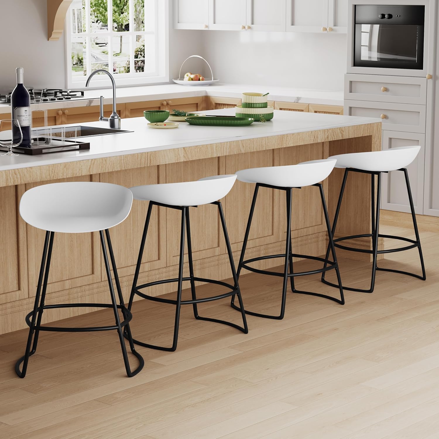 WENTMENT Bar Stools Set of 4 Swivel Bar Chairs Counter Height Bar Stools 26" Counter Stools with Plastic Seat Modern Bar Stools for Kitchen Island with Metal Leg, White