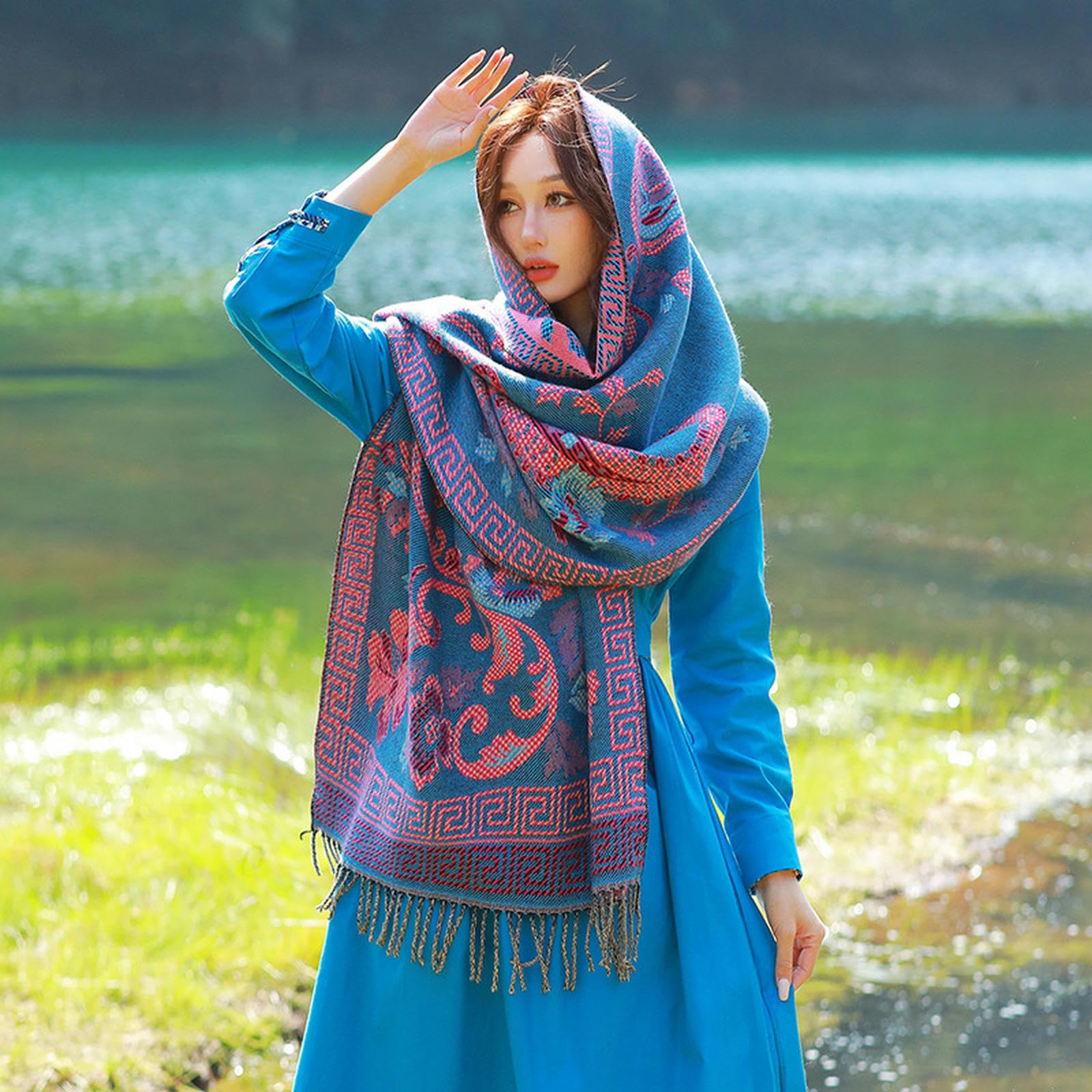 Sciarpa Donna Sciarpa da Donna Autunno E Inverno Mantello Esterno Caldo Spesso Viaggio Sciarpa Letteraria Nappa Sciarpa al Collo Regalo da Donna 65 * 200cm-blu
