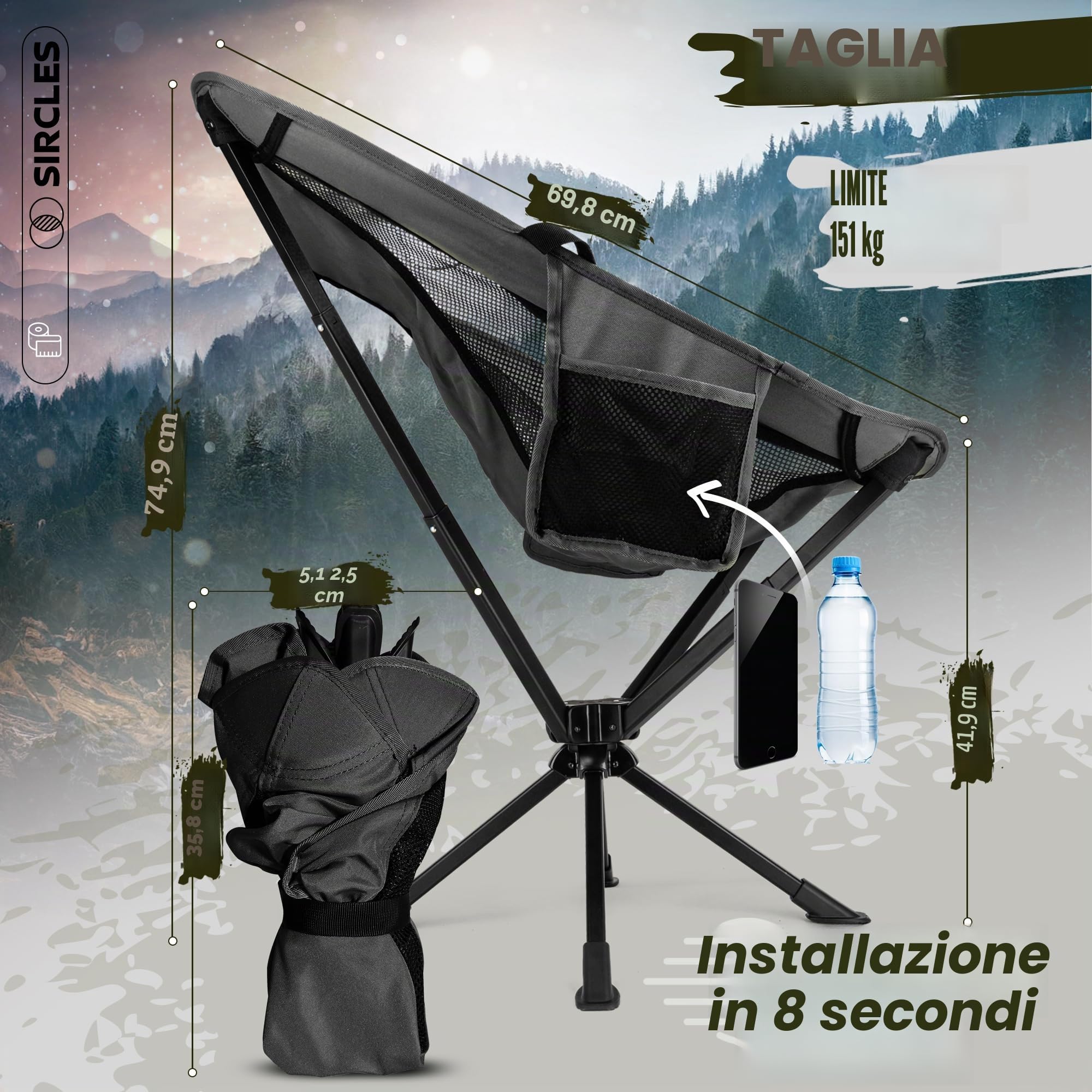 SIRCLES Sedia da campeggio portatile e girevole, installazione in 8 secondi, pieghevole in 5 secondi, ultraleggera e resistente, in lega di aeromobile, spaziosa, con 2 borse laterali, tessuto Oxford,
