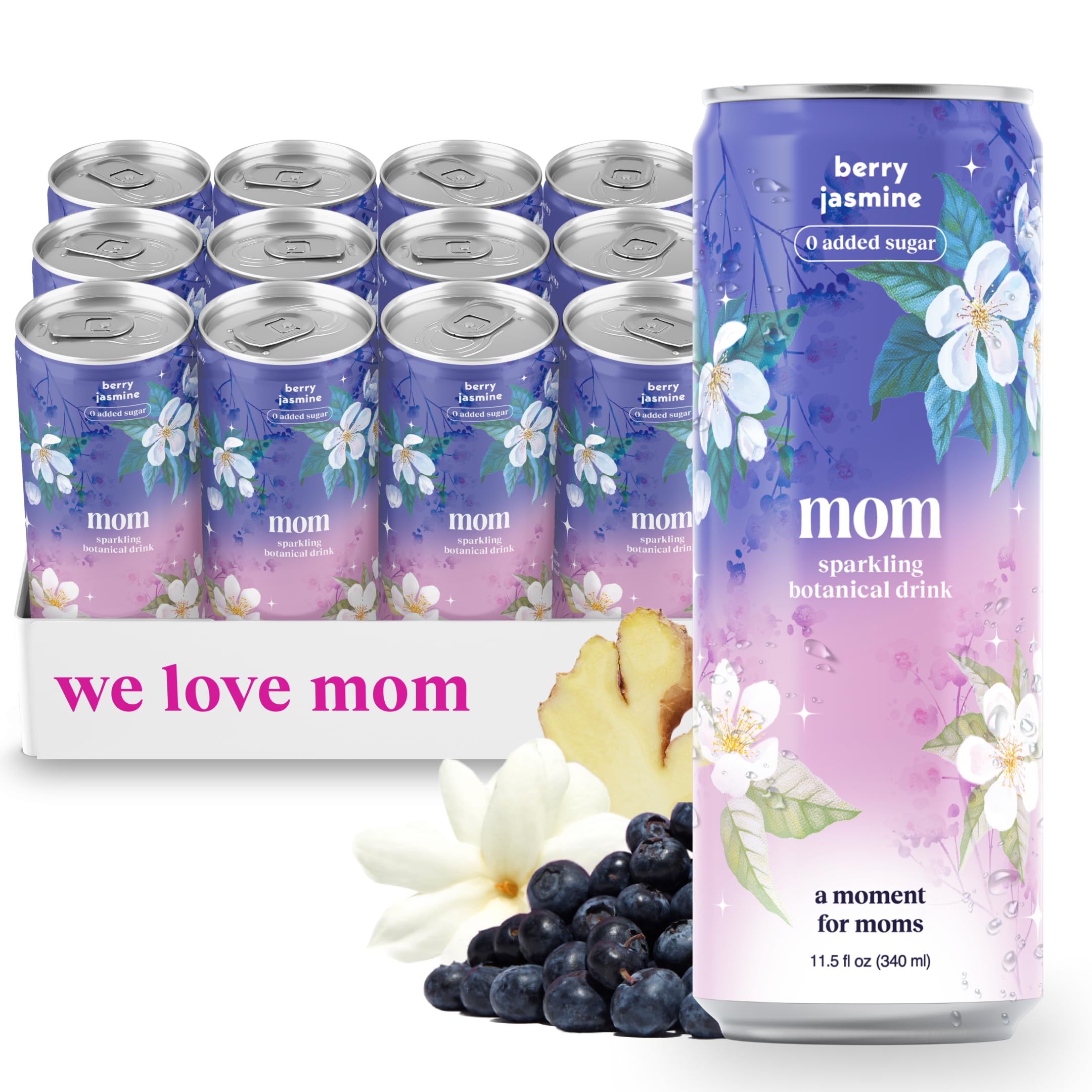 Moment Botanical Sparkling Drink – Gifts for Mom | Non-Alcoholic Adaptogen Beverage with L-Theanine & Ashwagandha | Berry Jasmine | 0 Sugar, 0 Caffeine | Calm, Clarity, Self-Care | 12-Pack