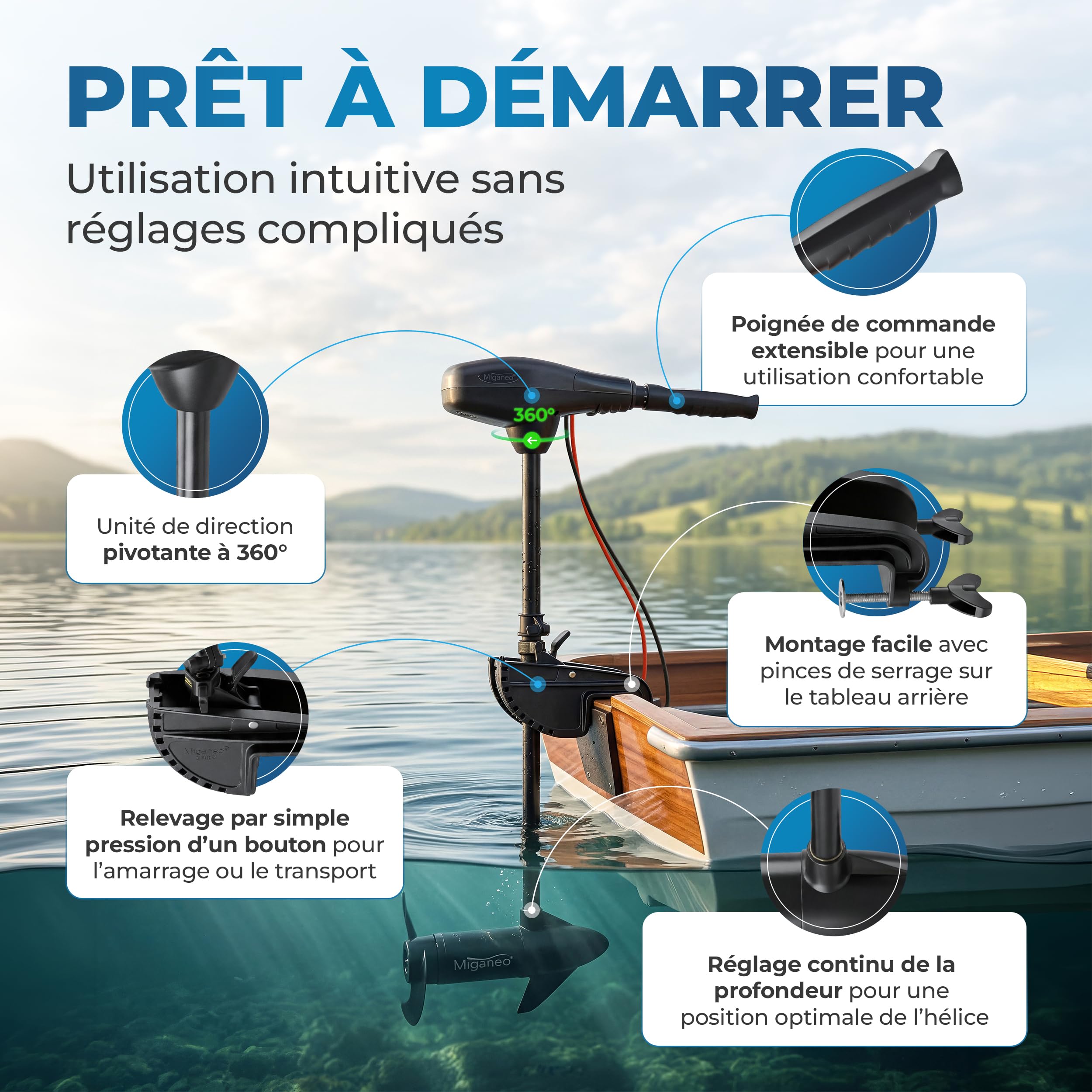 Miganeo Moteur Électrique Bateau TRS 68 lbs – Moteur Hors-Bord 768W 12V – Adapté Eau Salée avec Indicateur LED – pour Bateaux Pneumatiques – 5 Vitesses Avant & 3 Arrière