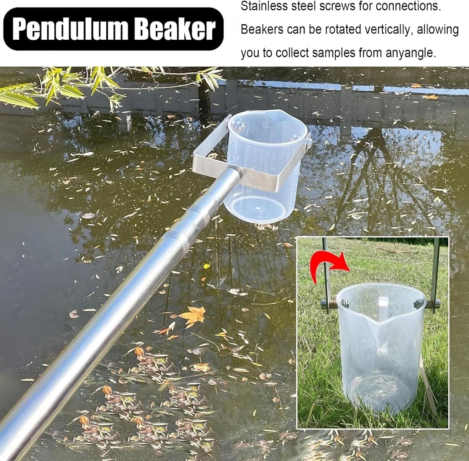 Tige de prélèvement en Acier Inoxydable Échantillonneur d'eau télescopique en Acier Inoxydable, bécher Portable de 500 ml/1000 ML(500ml,0.61-1.5m/2-4.9ft)
