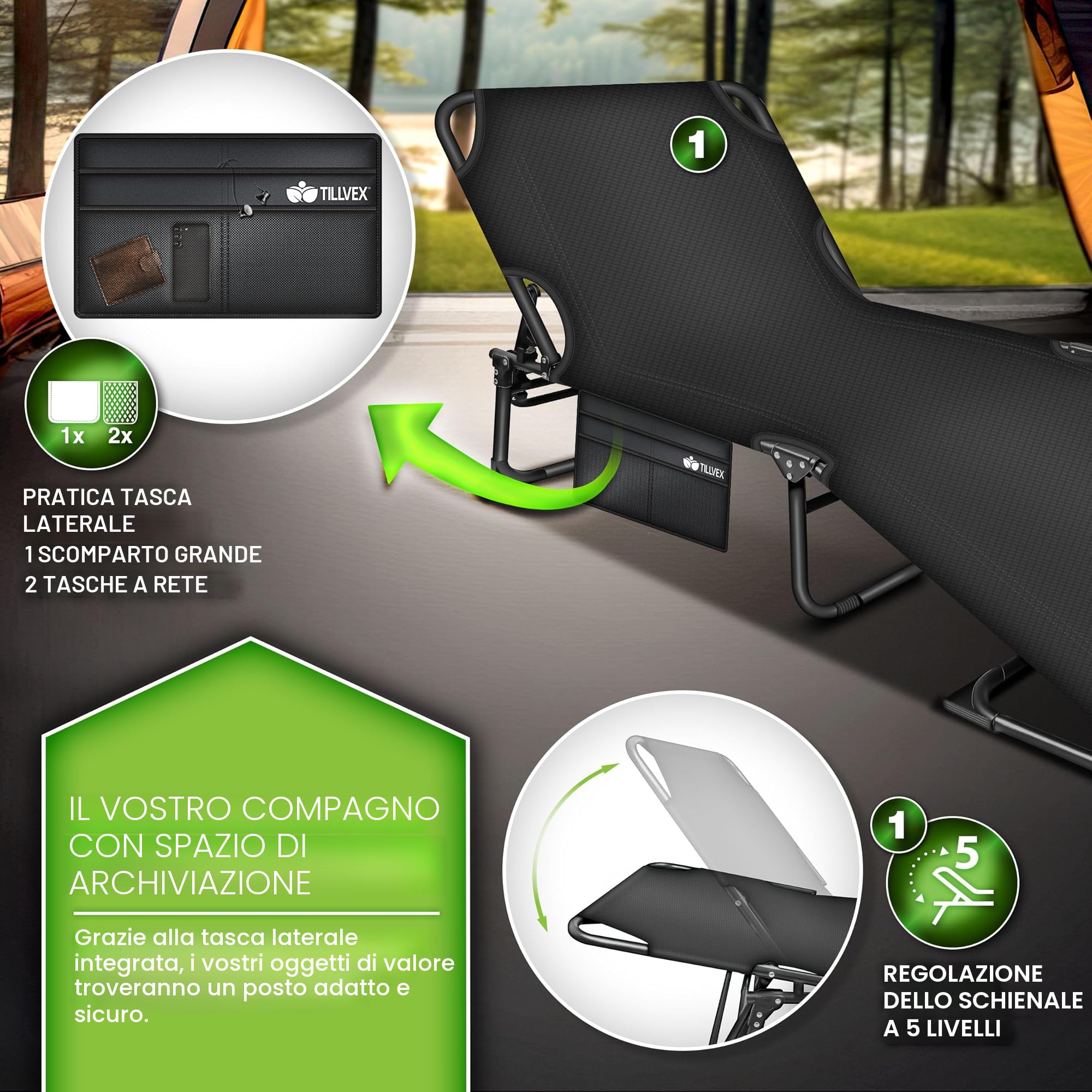tillvex® Lettino da campeggio pieghevole con borsa per il trasporto e cuscino cervicale fino a 280 kg | Lettino da campeggio con imbottitura | Letto pieghevole per gli ospiti giardino campeggio