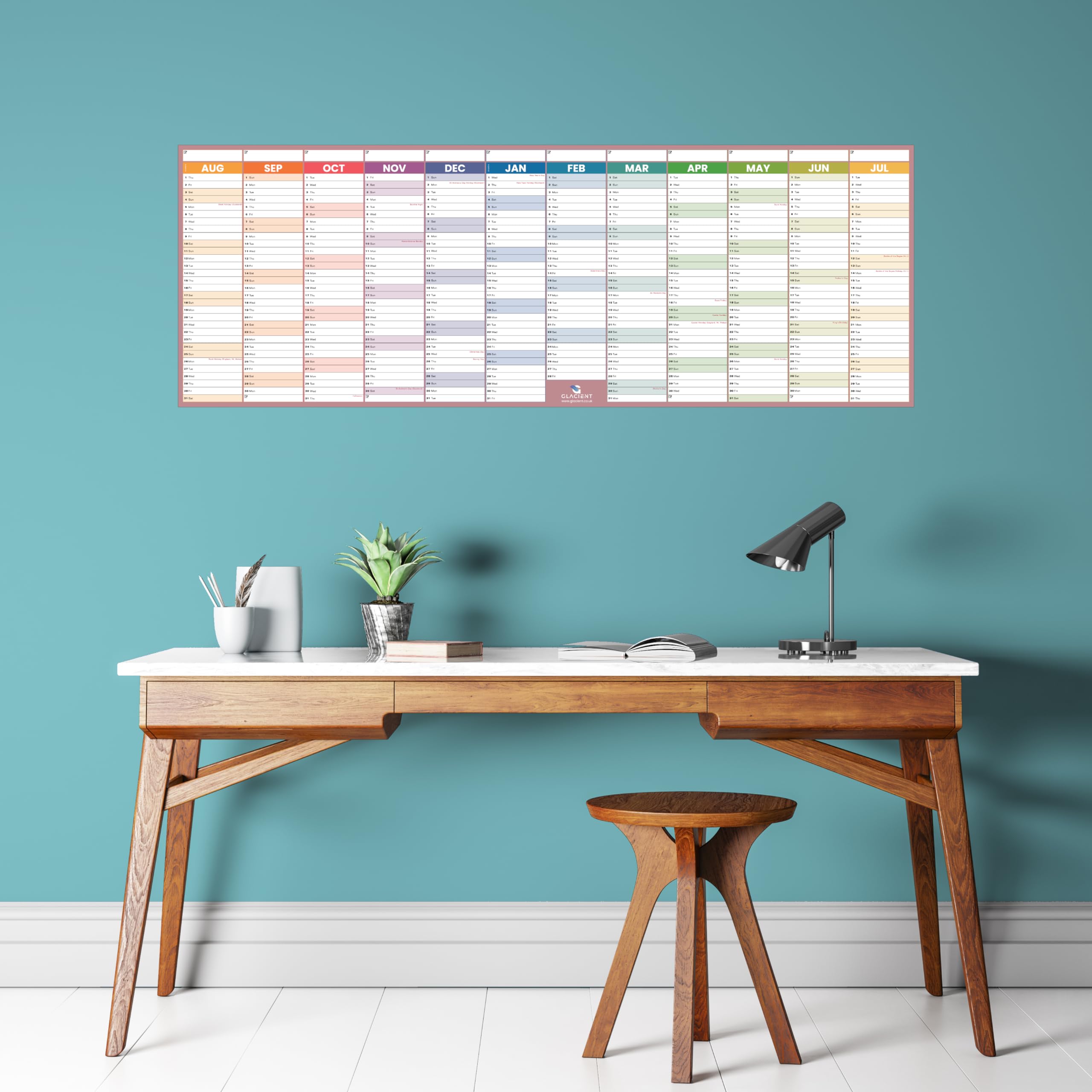 Planificador de pared para año académico 2024-2025, 118 x 42 cm, laminado grueso, calendario de mitad de año, del 24 de agosto al 25 de julio, marcadores, pegatinas y puntos de pegamento, of