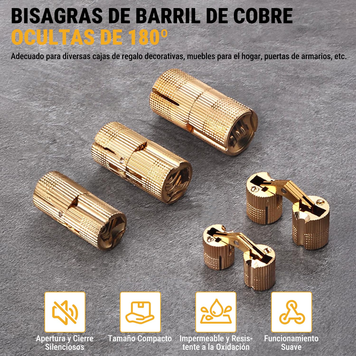 VOBOR Bisagra Barril,4 Piezas Bisagra de Barril Cilíndrico Latón Invisible,Mini Bisagras Ocultas 180°Ángulo de Apertura para Armarios Muebles Cajas de Joyería (10mm)