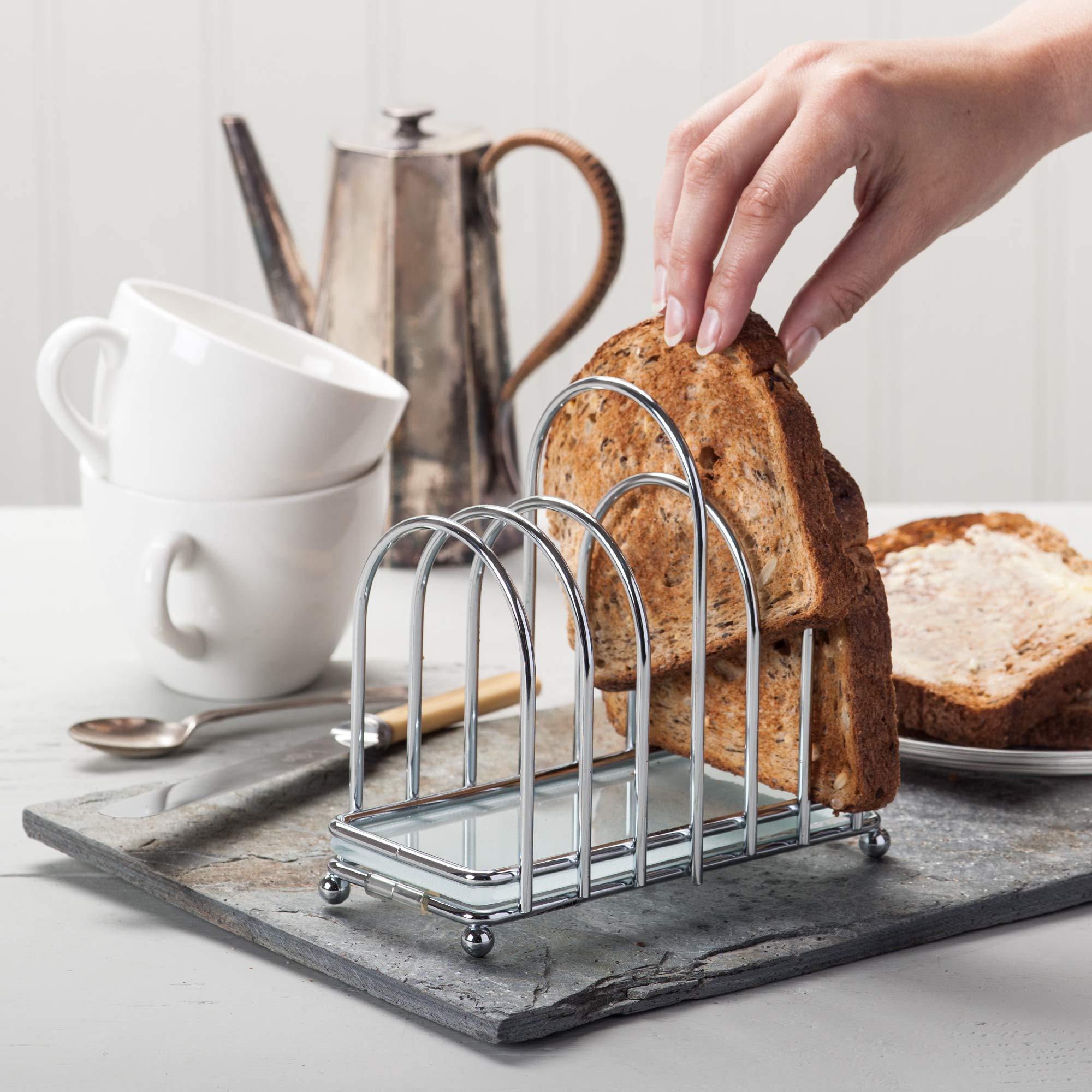 Kilo BA87 Toastständer für 6 Scheiben, Art-Deco-Design, Chrom, mit Milchglasboden, Kugelfüßen und Schlaufen-Tragegriff, silberfarben