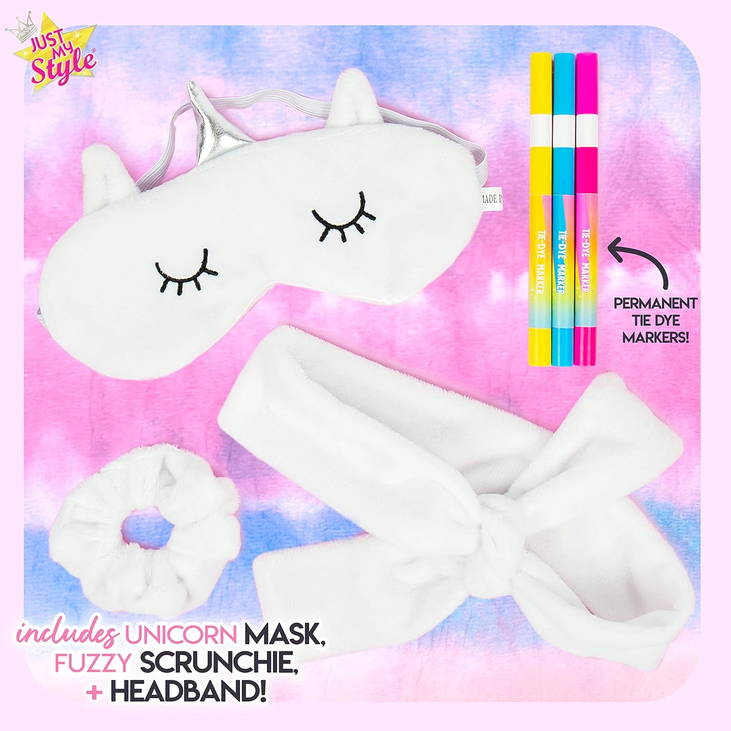 Just My Style Fuzzy Spa Tie-Dye Set by Horizon Group USA, Create 3 Soft Tie-Dye Spa Day Essentials with Vibrant Brush Marker Colors, Mess-Free, DIY Kit for Kids