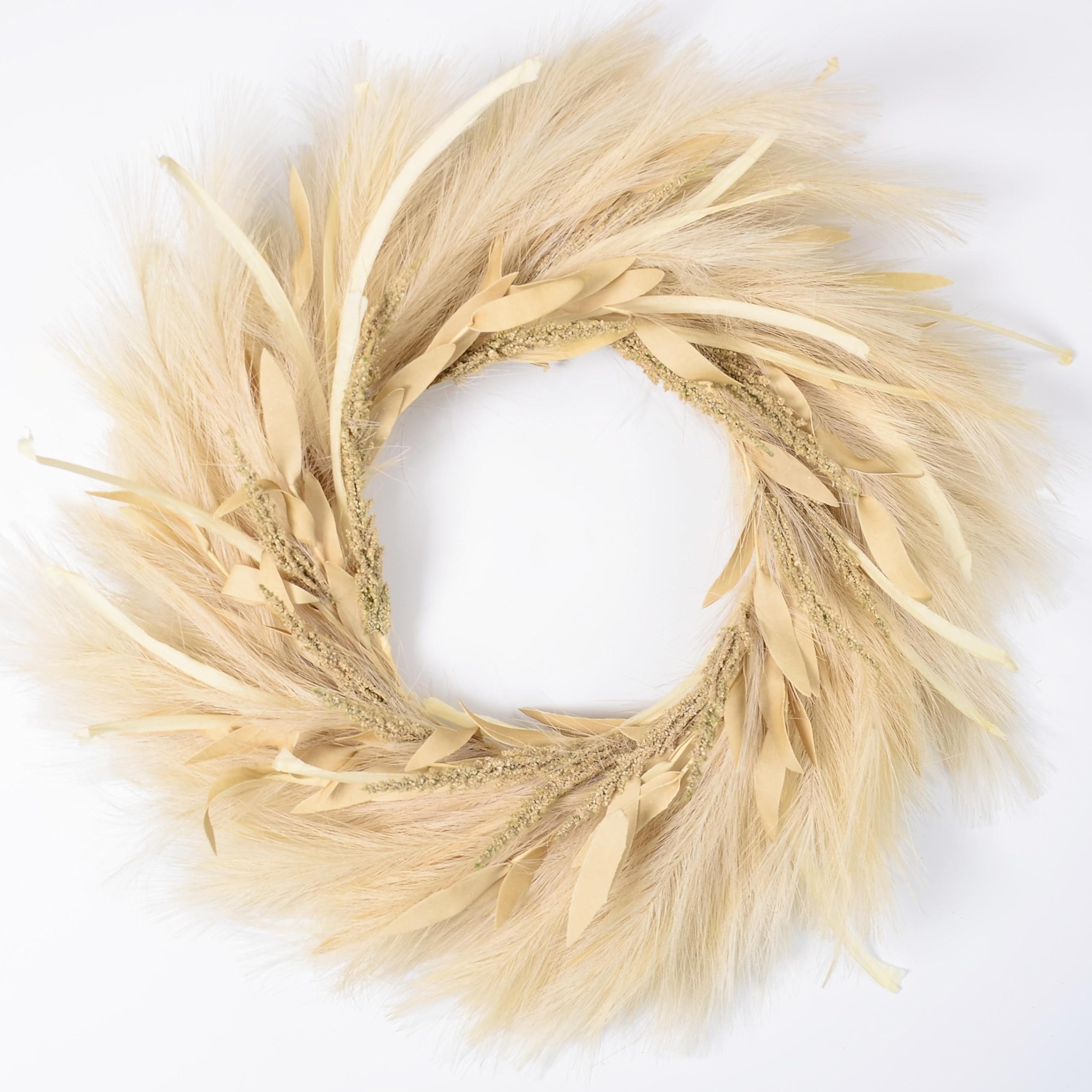 PERFNIQUEPampas Grass Wreath, 27'' Fall Wreath for Front Door, Pampas Wreath for All Seasons, Boho Wall Decor, Farmhouse Rustic Floral Wreath, DIY Wreath Arrangement(Ivory, Ribbons)