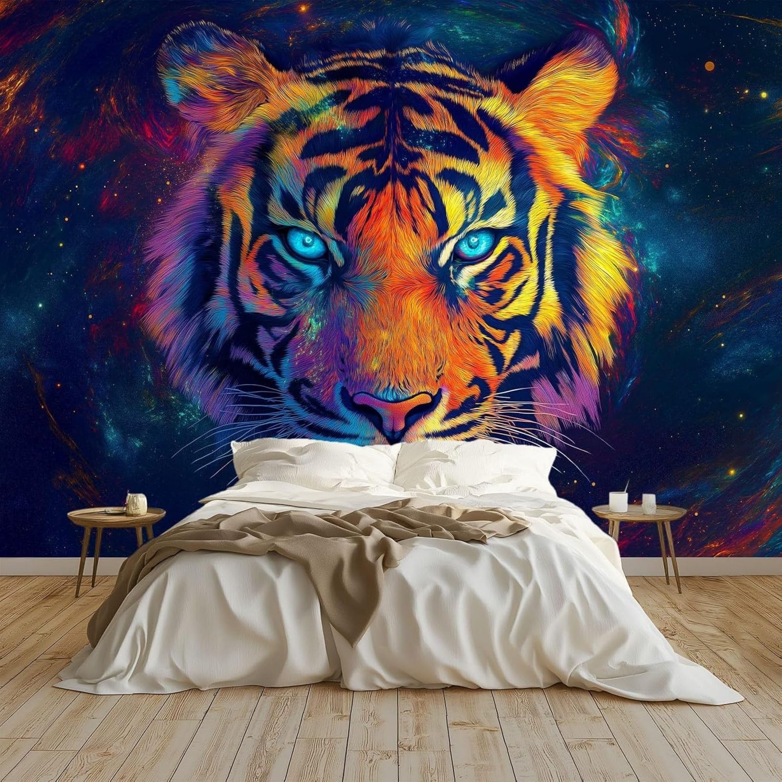 Papier peint photo tigre bleu foncé : solution pour masquer et décorer un grand mur