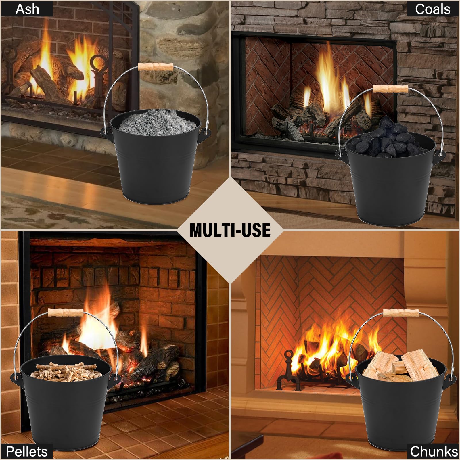 Mini cubo de cenizas con tapa, pala, escoba y destornillador, cubo de metal para chimenea de 1.3 galones, cubo de carbón de pellets para cenizas para chimenea, chimenea, estufas de leña 4