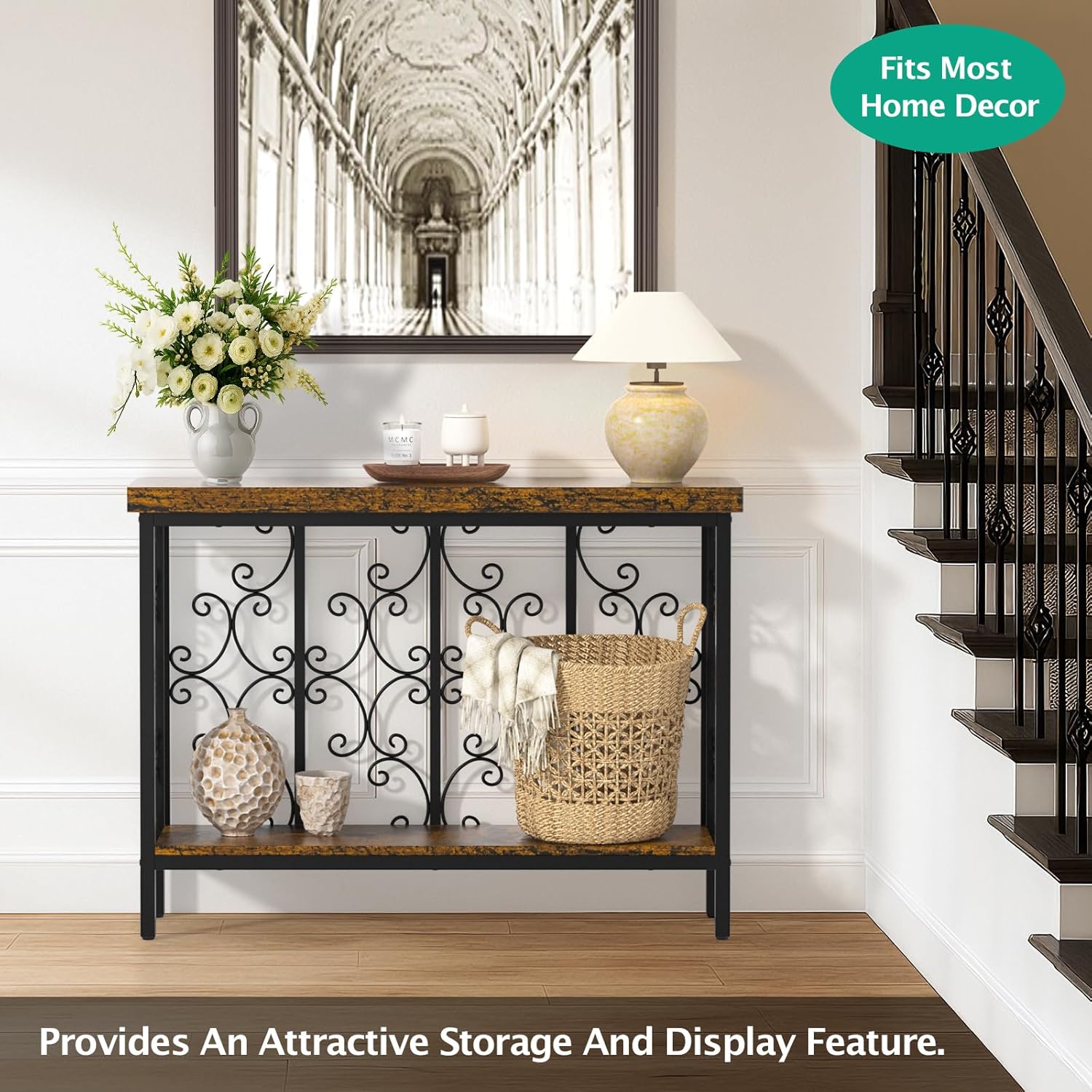 XCSOURCE Console Table, 42.5" Entryway Table with Storage Shelf, Narrow Sofa Table Behind Couch, 2-Tier Hallway Accent Tables for Living Room, Entrance, Foyer, Rustic Brown