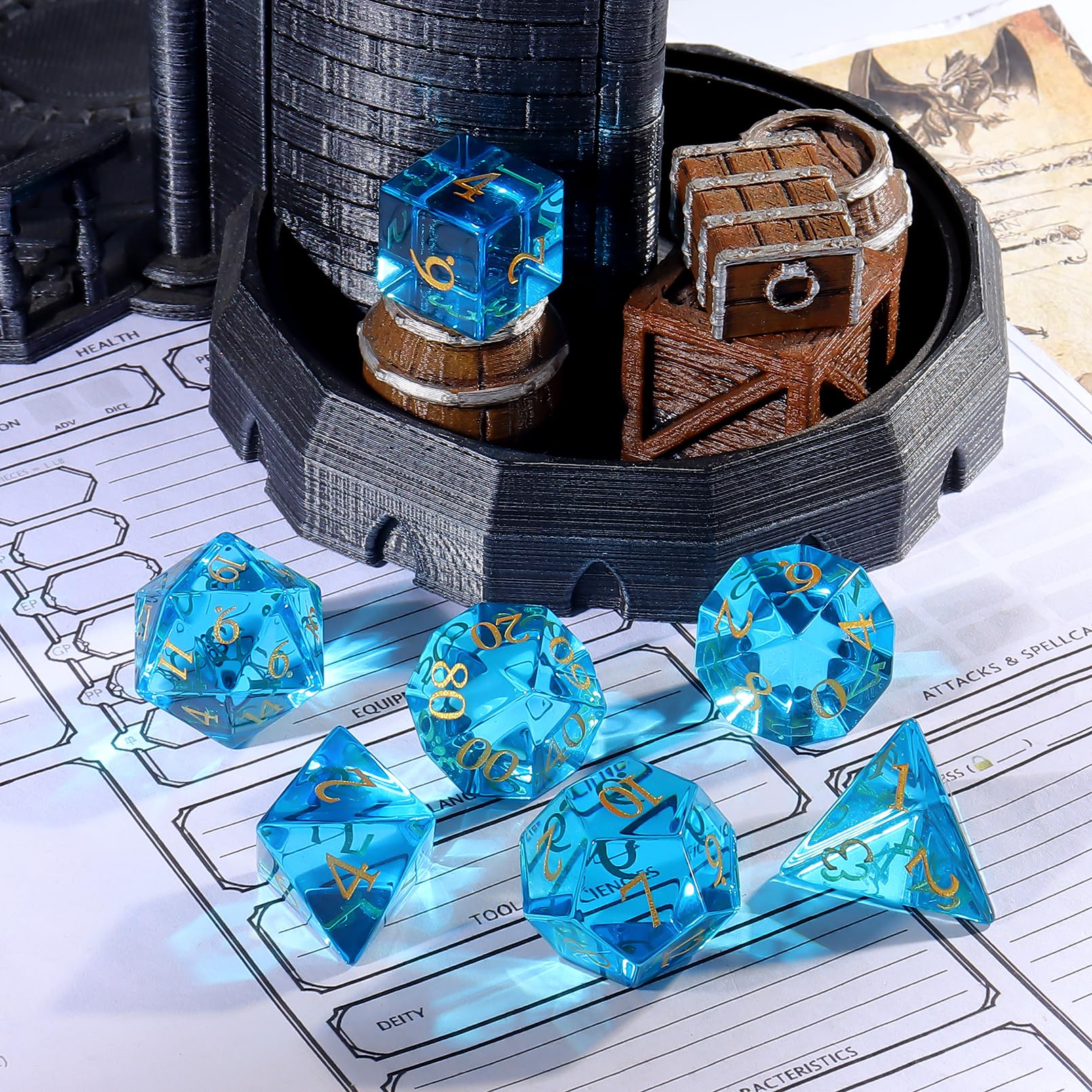 Juego de dados de cristal azul marino, juego de 7 dados con patrón azul marino con caja utilizada para juegos de dados de mazmorra y dragón D4 D6 D8 D10 D% D12 D20 (cristal, azul)